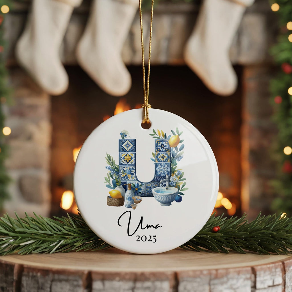 Custom Initial Ornament Name, Letter U, Personalized Portuguese Tile Monogram Christmas Gift Mediterranean Keepsake - CuteBeePix