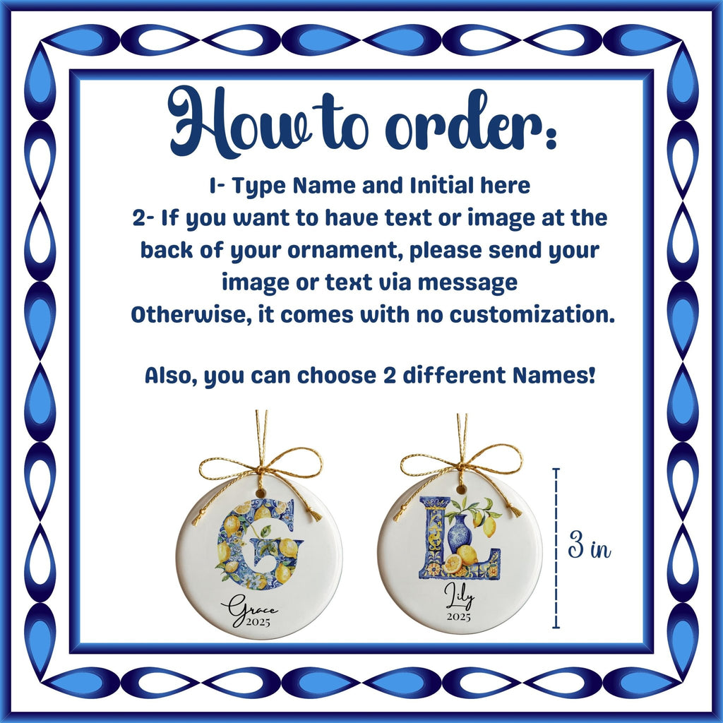 Custom Initial Ornament Name, Letter U, Personalized Portuguese Tile Monogram Christmas Gift Mediterranean Keepsake - CuteBeePix