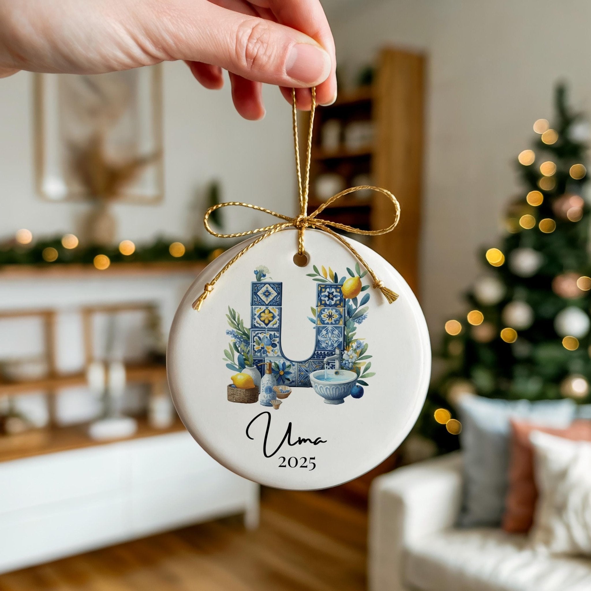 Custom Initial Ornament Name, Letter U, Personalized Portuguese Tile Monogram Christmas Gift Mediterranean Keepsake - CuteBeePix
