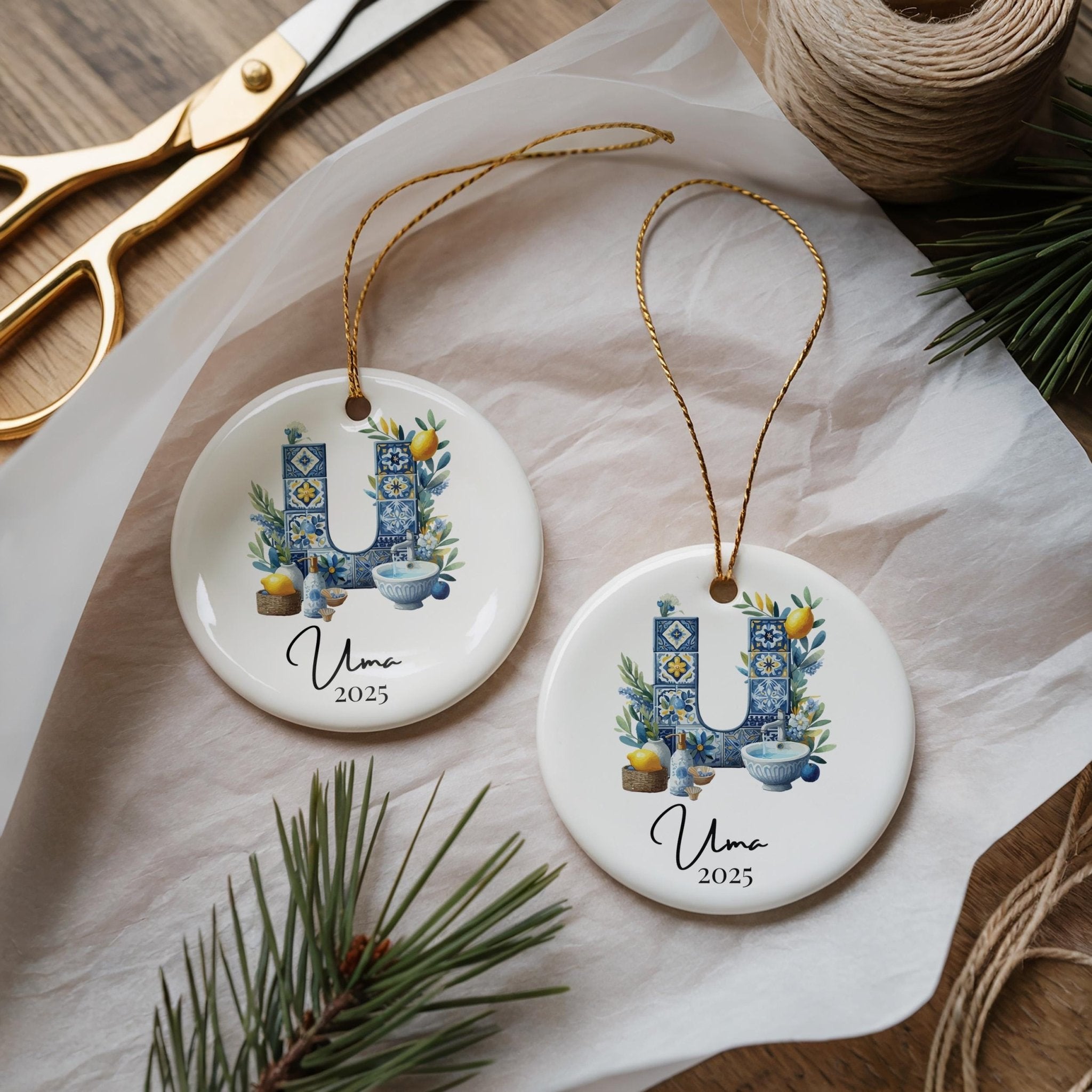 Custom Initial Ornament Name, Letter U, Personalized Portuguese Tile Monogram Christmas Gift Mediterranean Keepsake - CuteBeePix