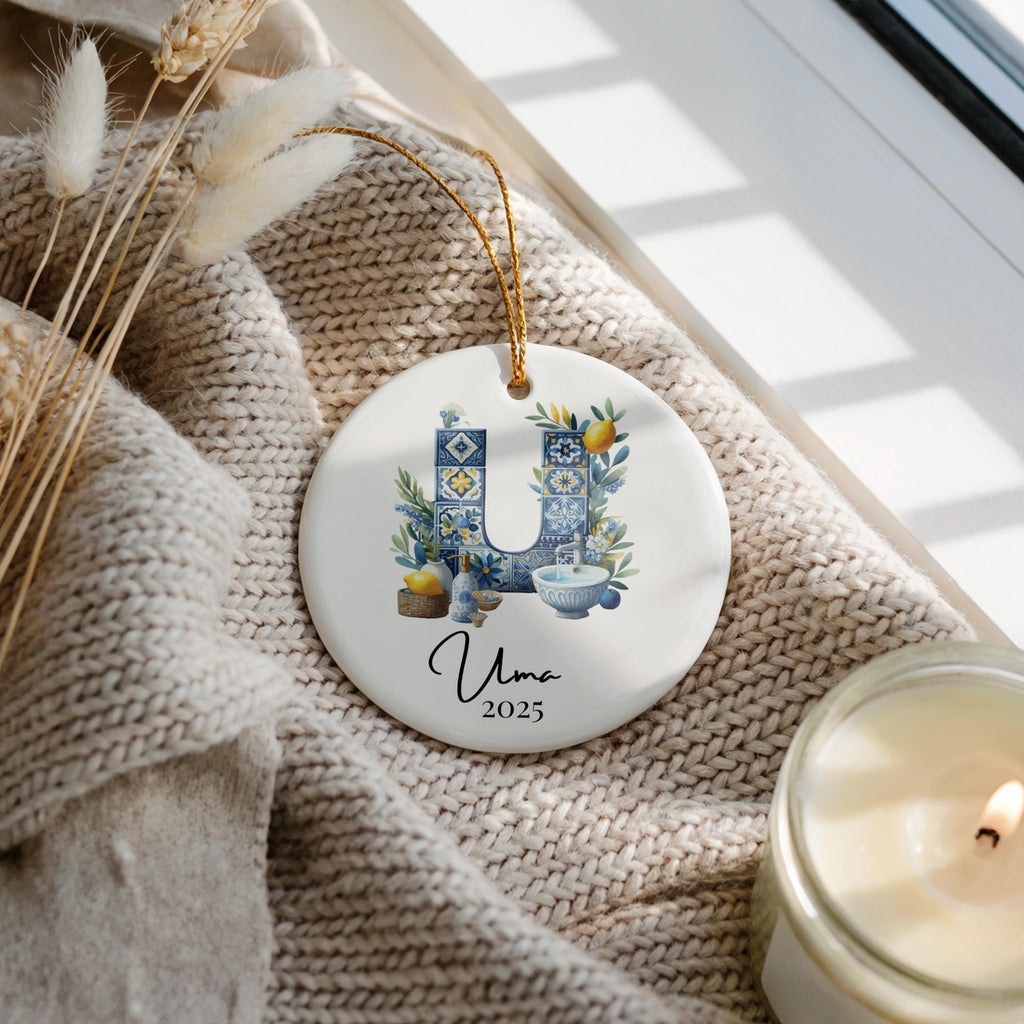 Custom Initial Ornament Name, Letter U, Personalized Portuguese Tile Monogram Christmas Gift Mediterranean Keepsake - CuteBeePix