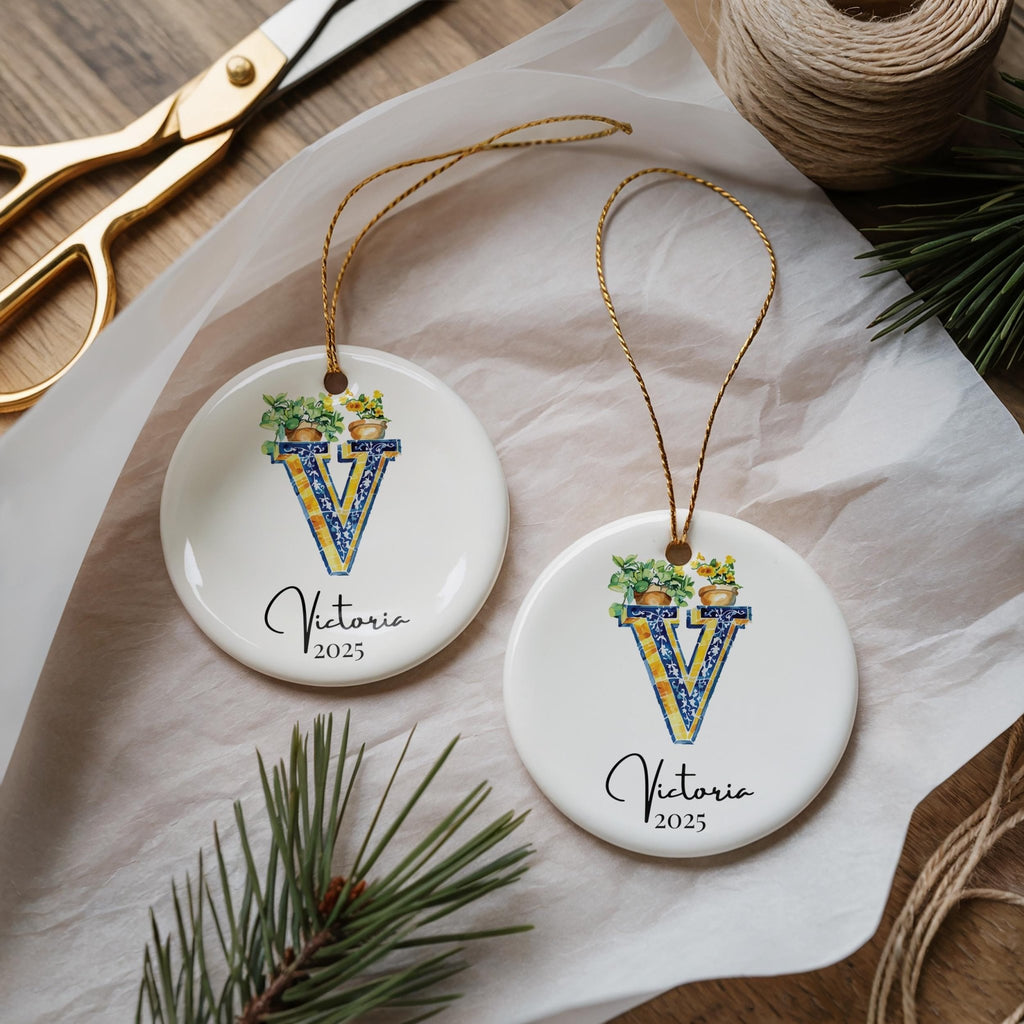 Custom Initial Ornament Name, Letter V, Personalized Portuguese Tile Monogram Christmas Gift Mediterranean Keepsake - CuteBeePix