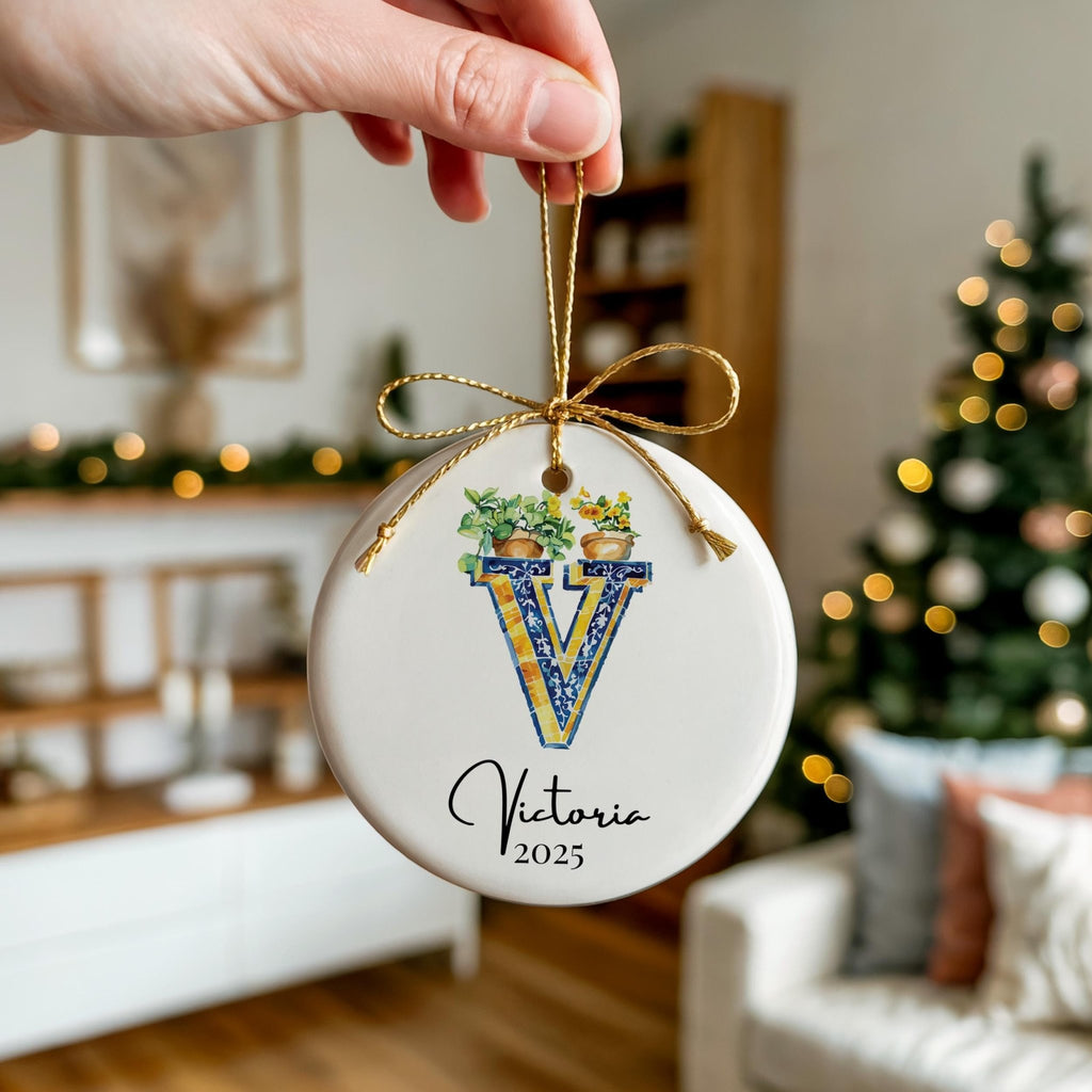 Custom Initial Ornament Name, Letter V, Personalized Portuguese Tile Monogram Christmas Gift Mediterranean Keepsake - CuteBeePix