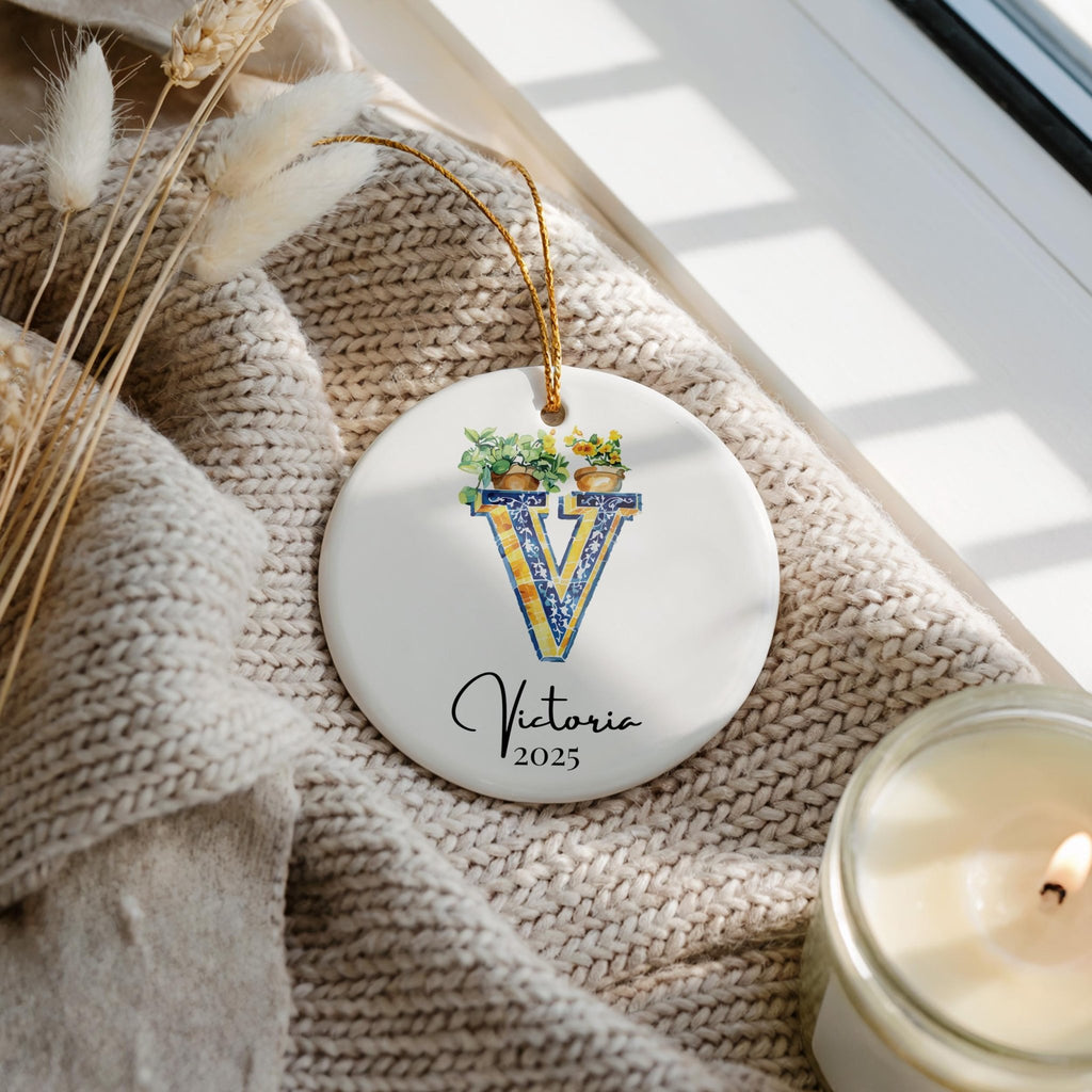 Custom Initial Ornament Name, Letter V, Personalized Portuguese Tile Monogram Christmas Gift Mediterranean Keepsake - CuteBeePix