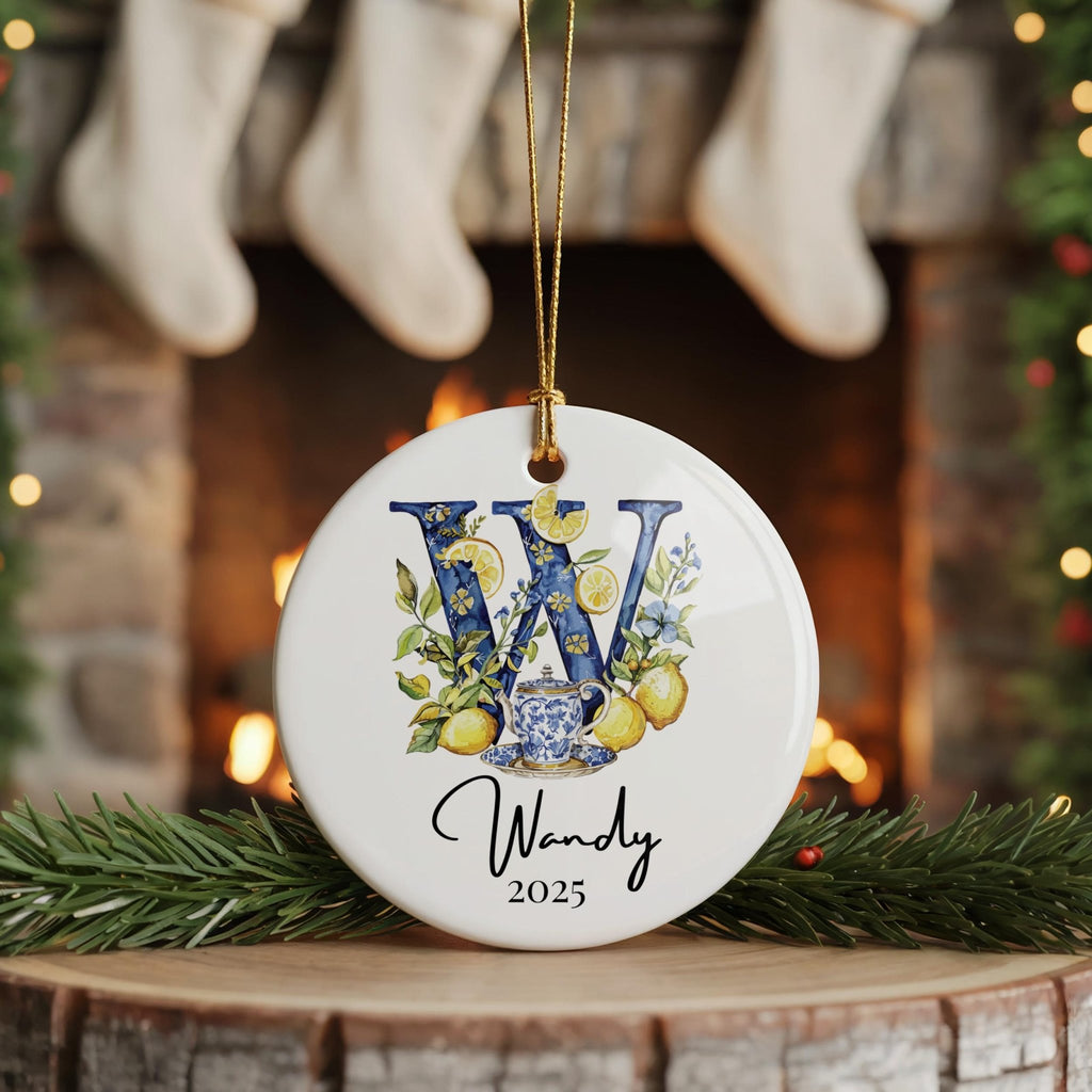 Custom Initial Ornament Name, Letter W, Personalized Portuguese Tile Monogram Christmas Gift Mediterranean Keepsake - CuteBeePix