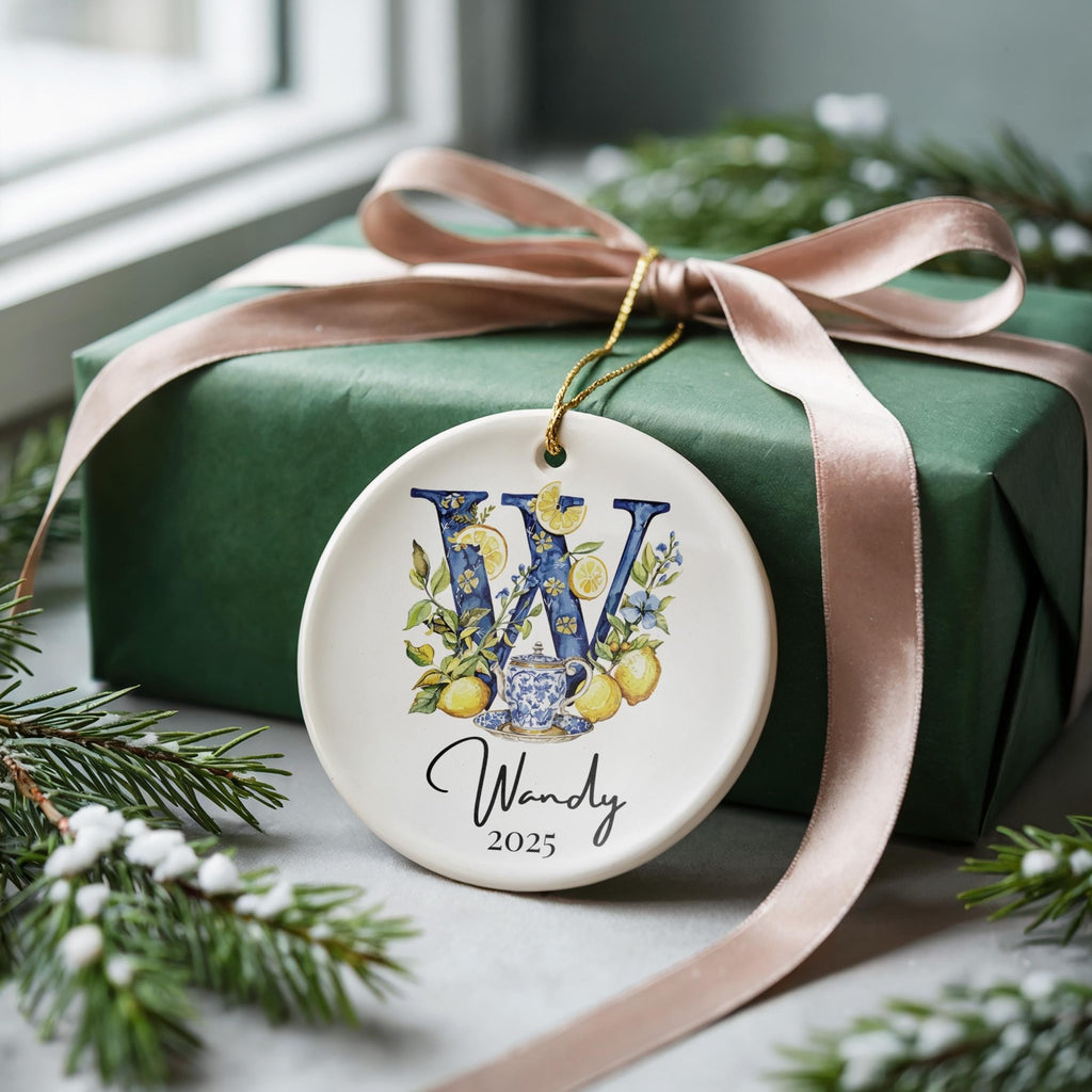Custom Initial Ornament Name, Letter W, Personalized Portuguese Tile Monogram Christmas Gift Mediterranean Keepsake - CuteBeePix