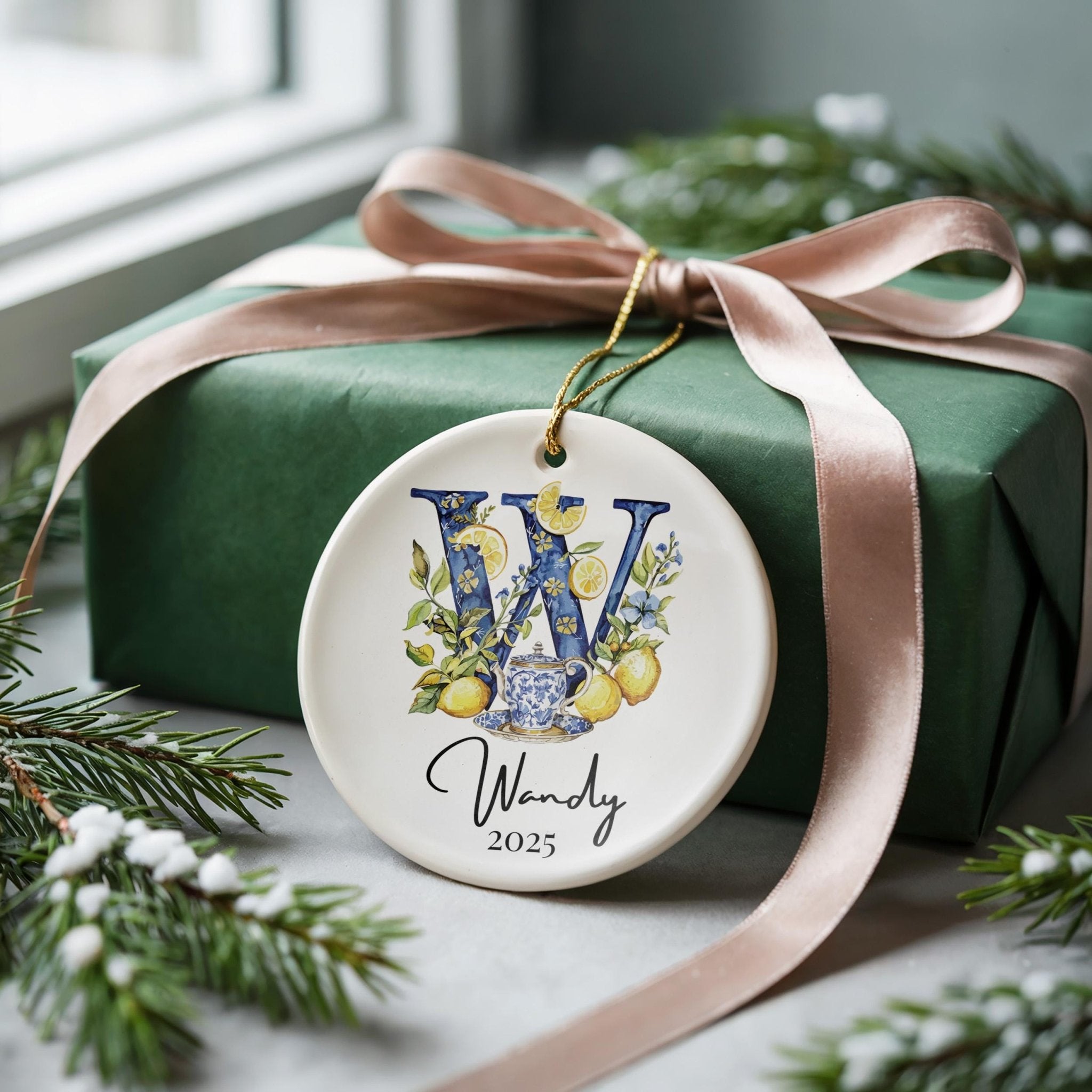 Custom Initial Ornament Name, Letter W, Personalized Portuguese Tile Monogram Christmas Gift Mediterranean Keepsake - CuteBeePix