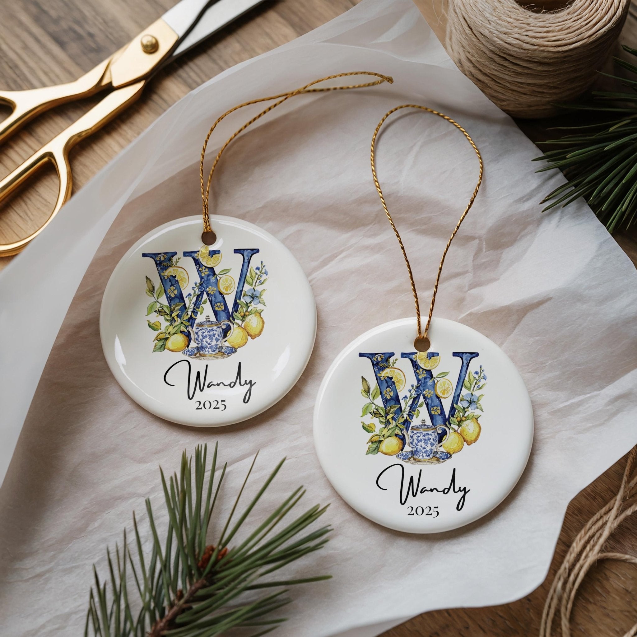 Custom Initial Ornament Name, Letter W, Personalized Portuguese Tile Monogram Christmas Gift Mediterranean Keepsake - CuteBeePix