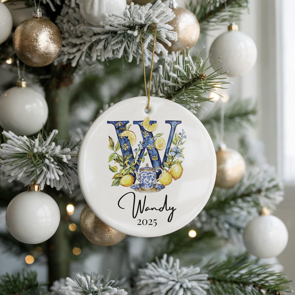 Custom Initial Ornament Name, Letter W, Personalized Portuguese Tile Monogram Christmas Gift Mediterranean Keepsake - CuteBeePix