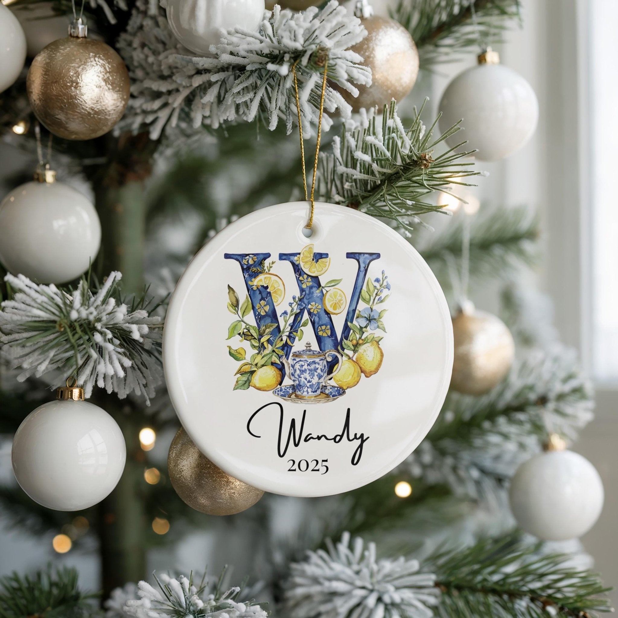 Custom Initial Ornament Name, Letter W, Personalized Portuguese Tile Monogram Christmas Gift Mediterranean Keepsake - CuteBeePix