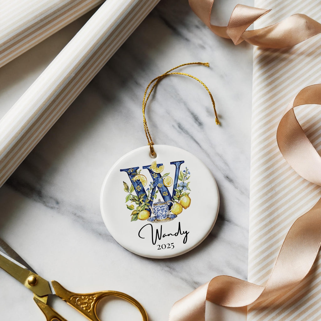 Custom Initial Ornament Name, Letter W, Personalized Portuguese Tile Monogram Christmas Gift Mediterranean Keepsake - CuteBeePix