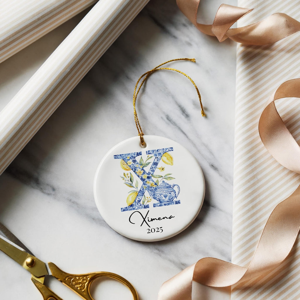 Custom Initial Ornament Name, Letter X, Personalized Portuguese Tile Monogram Christmas Gift Mediterranean Keepsake - CuteBeePix