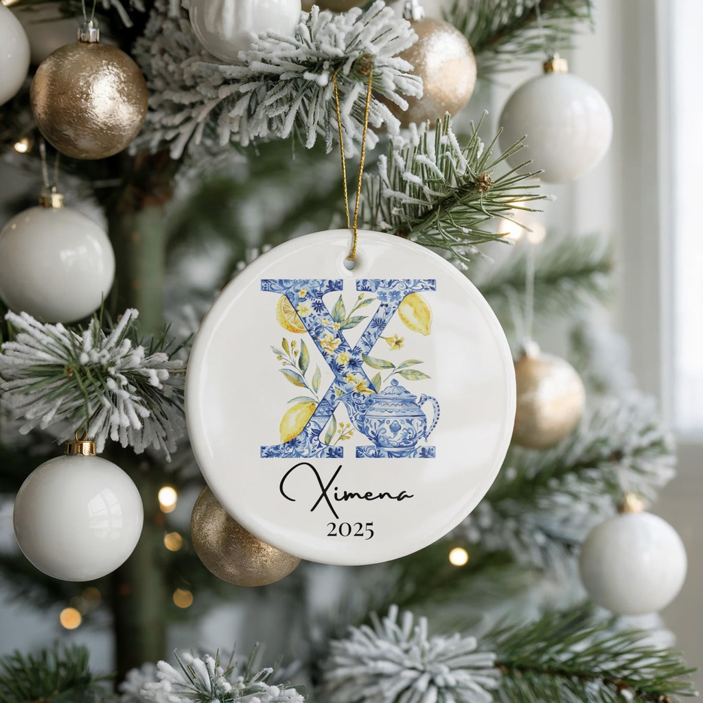 Custom Initial Ornament Name, Letter X, Personalized Portuguese Tile Monogram Christmas Gift Mediterranean Keepsake - CuteBeePix