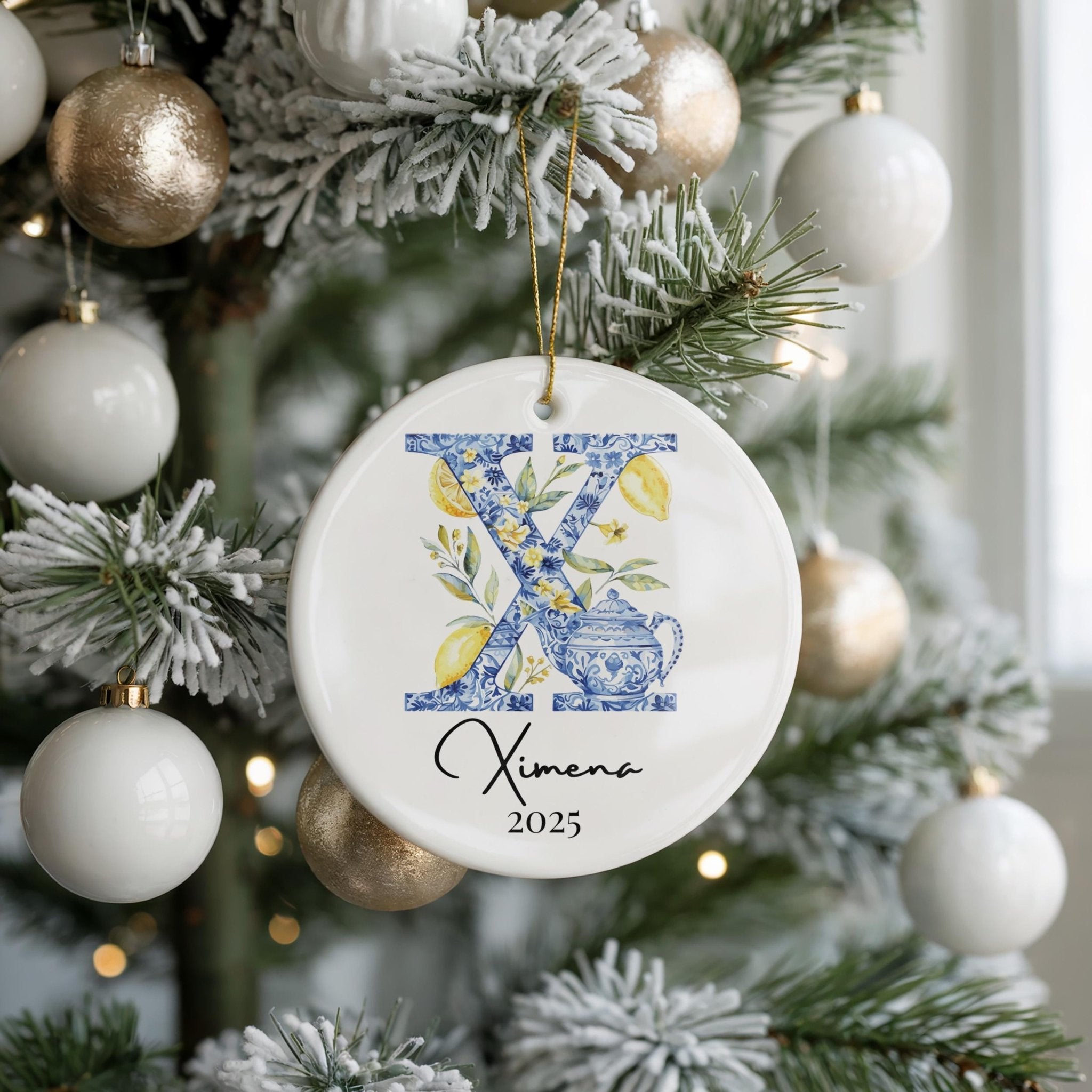 Custom Initial Ornament Name, Letter X, Personalized Portuguese Tile Monogram Christmas Gift Mediterranean Keepsake - CuteBeePix