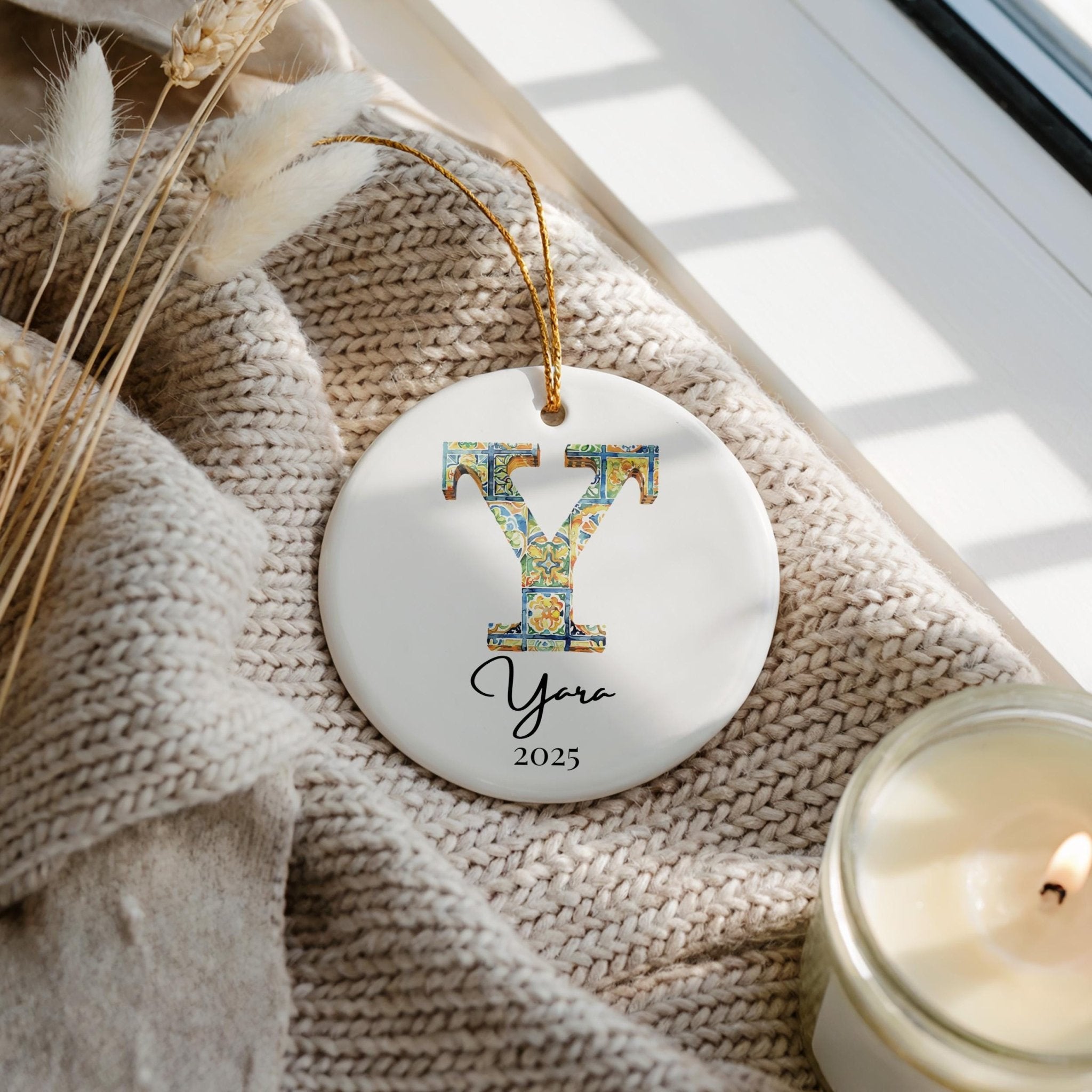 Custom Initial Ornament Name, Letter Y, Personalized Portuguese Tile Monogram Christmas Gift Mediterranean Keepsake - CuteBeePix