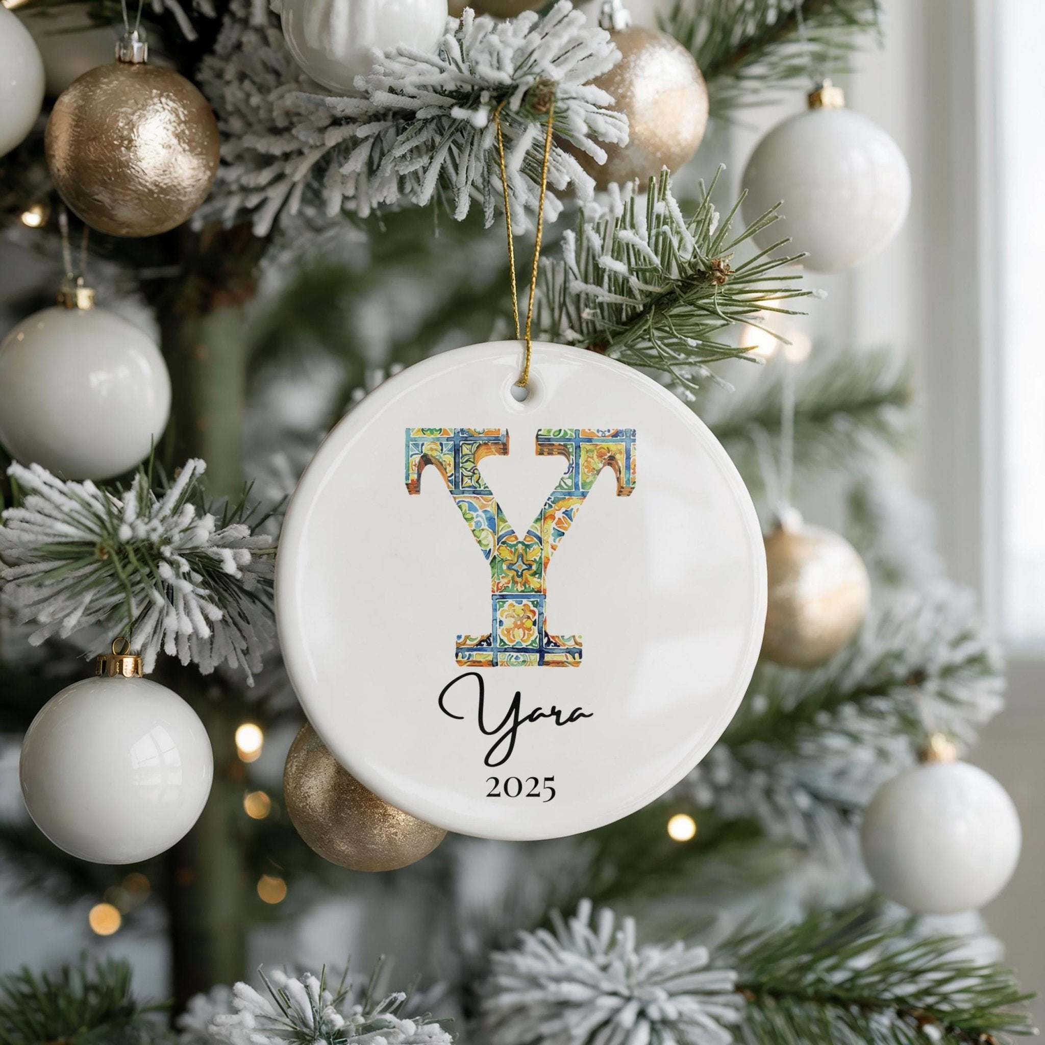 Custom Initial Ornament Name, Letter Y, Personalized Portuguese Tile Monogram Christmas Gift Mediterranean Keepsake - CuteBeePix