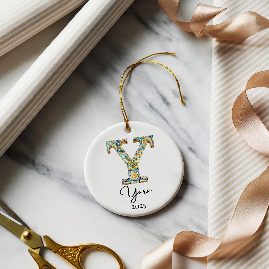 Custom Initial Ornament Name, Letter Y, Personalized Portuguese Tile Monogram Christmas Gift Mediterranean Keepsake - CuteBeePix