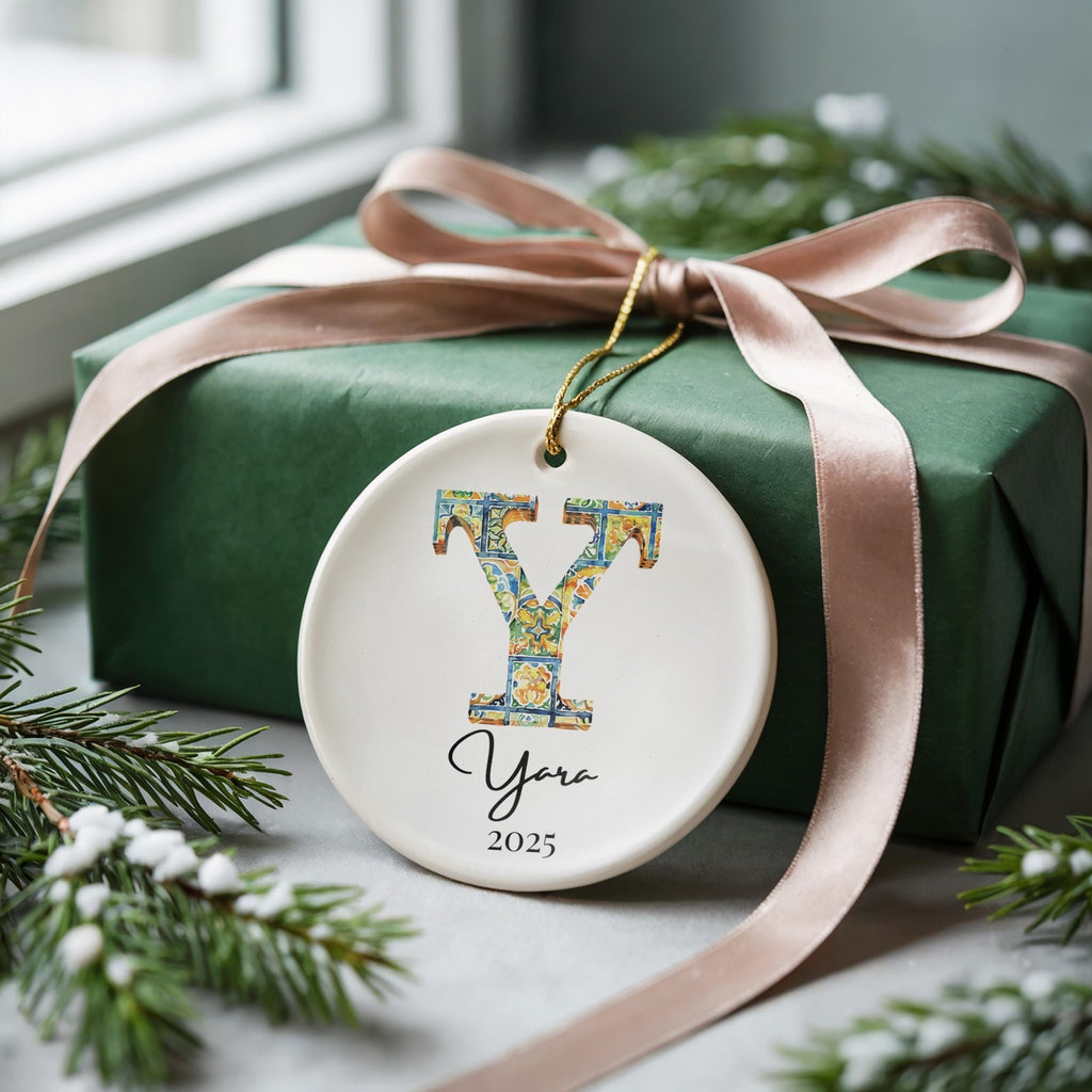 Custom Initial Ornament Name, Letter Y, Personalized Portuguese Tile Monogram Christmas Gift Mediterranean Keepsake - CuteBeePix