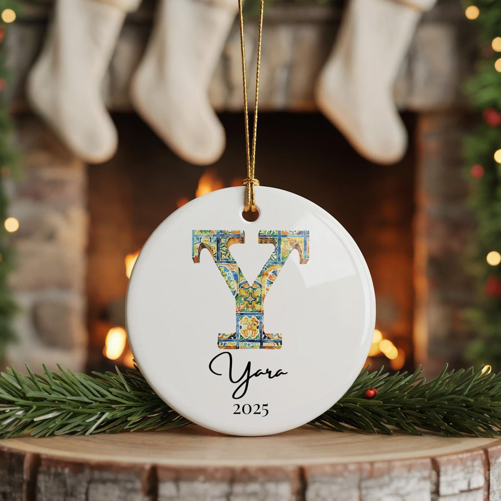 Custom Initial Ornament Name, Letter Y, Personalized Portuguese Tile Monogram Christmas Gift Mediterranean Keepsake - CuteBeePix