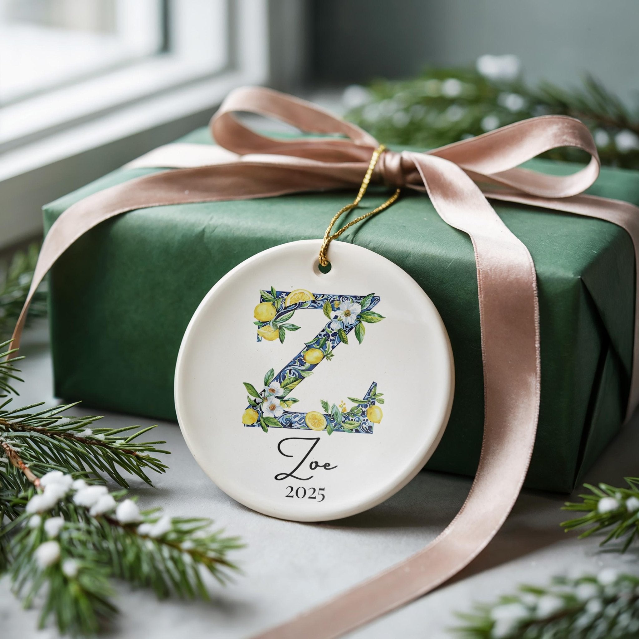 Custom Initial Ornament Name, Letter Z, Personalized Portuguese Tile Monogram Christmas Gift Mediterranean Keepsake - CuteBeePix