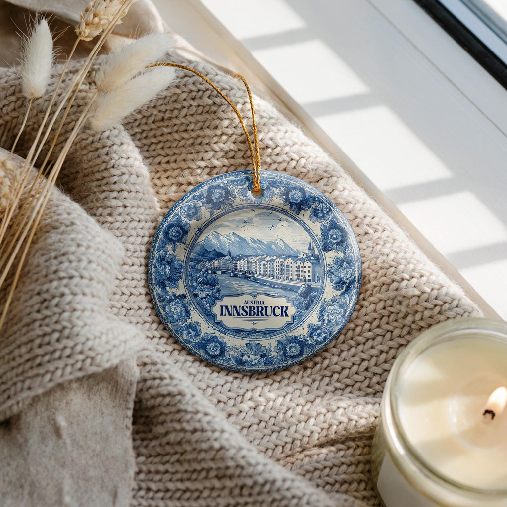 Custom Innsbruck Austria Ceramic Delft Ornament, Christmas Delftware Blue Delftware city travel - CuteBeePix