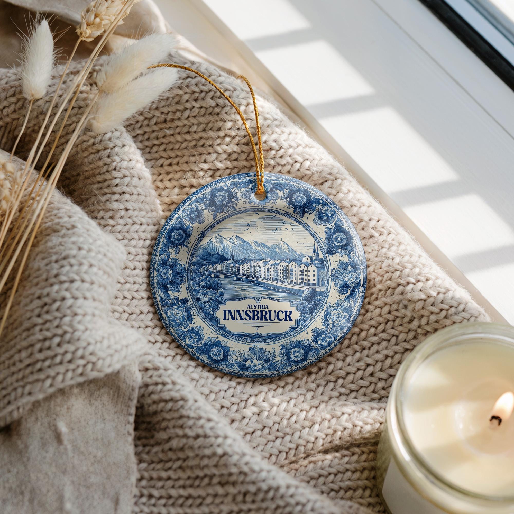 Custom Innsbruck Austria Ceramic Delft Ornament, Christmas Delftware Blue Delftware city travel - CuteBeePix