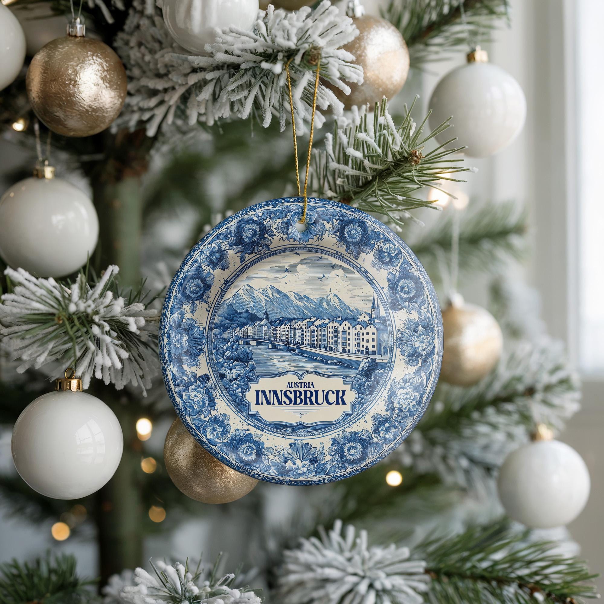 Custom Innsbruck Austria Ceramic Delft Ornament, Christmas Delftware Blue Delftware city travel - CuteBeePix