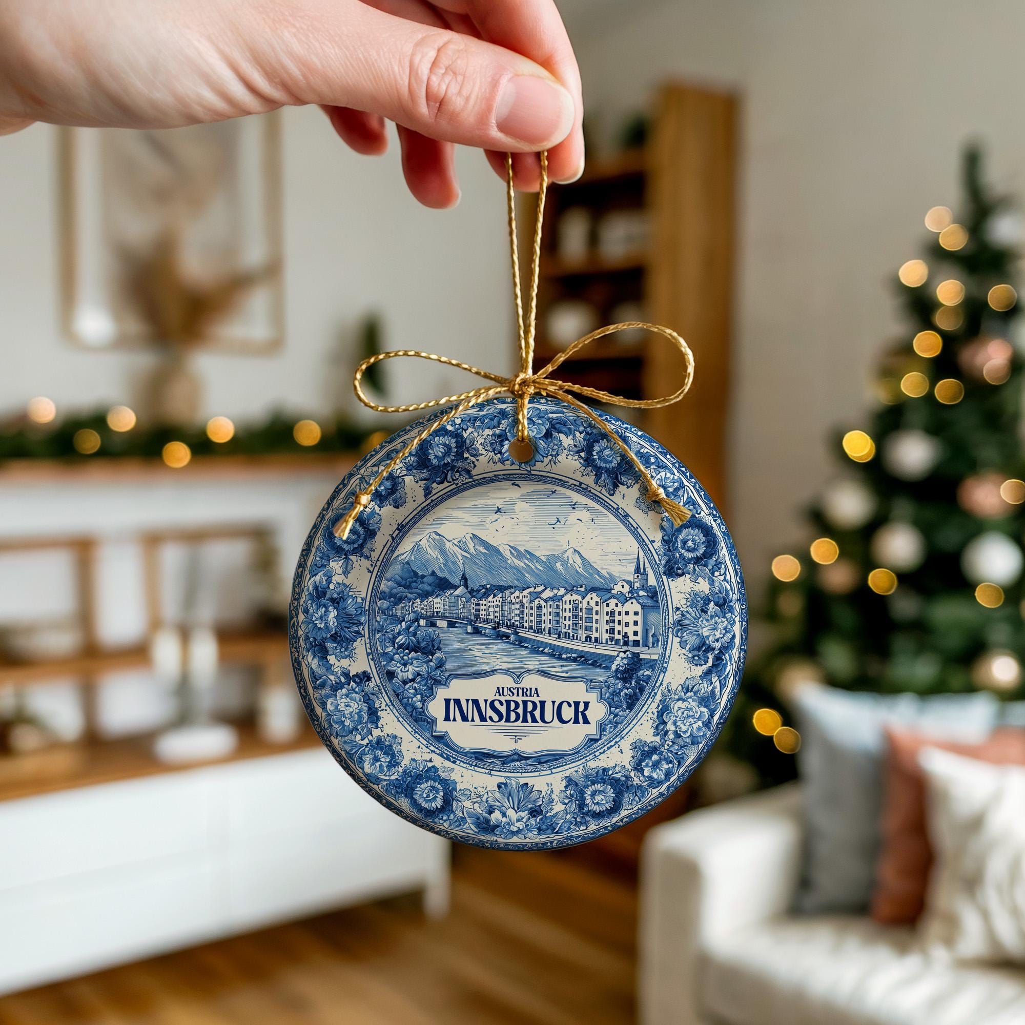 Custom Innsbruck Austria Ceramic Delft Ornament, Christmas Delftware Blue Delftware city travel - CuteBeePix