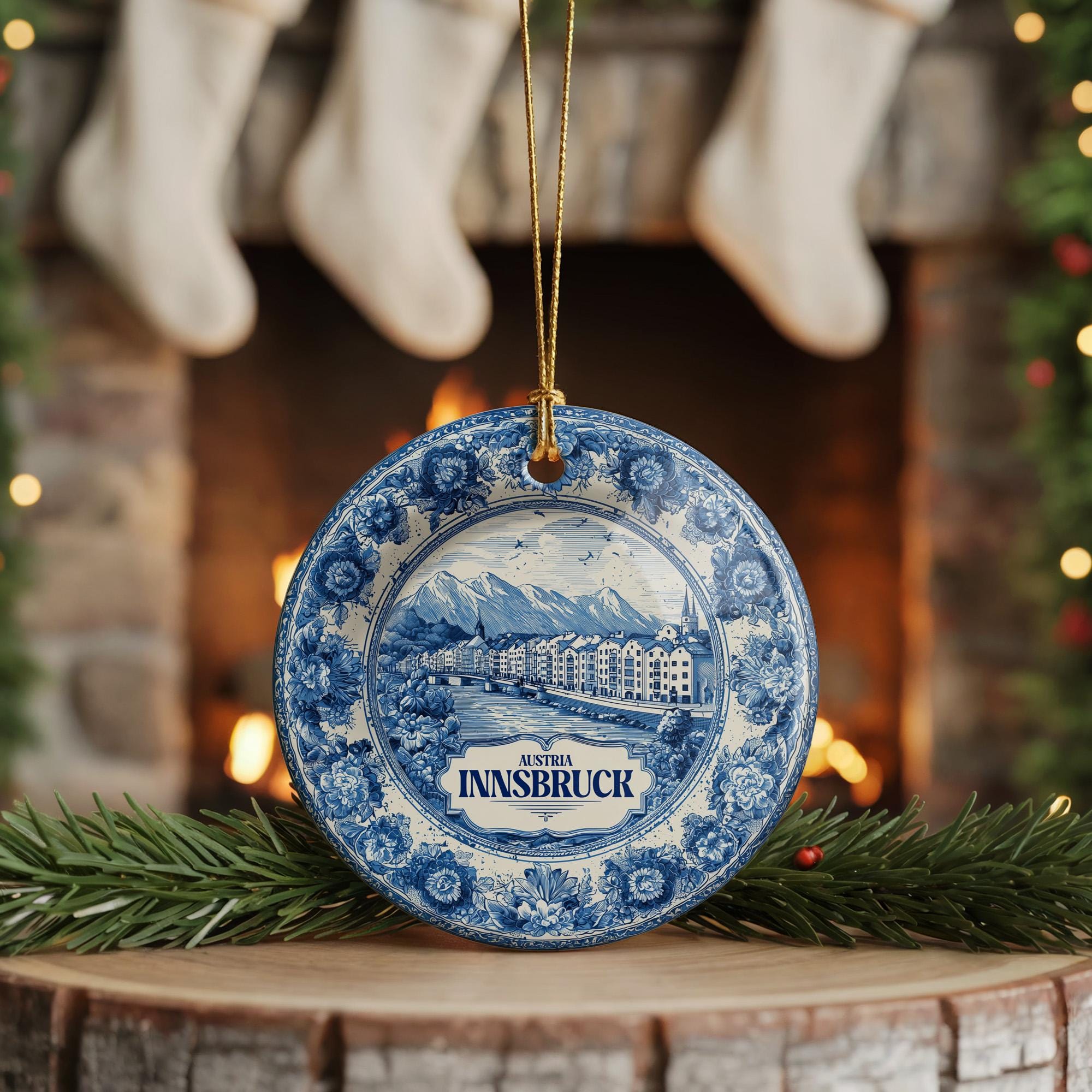 Custom Innsbruck Austria Ceramic Delft Ornament, Christmas Delftware Blue Delftware city travel - CuteBeePix