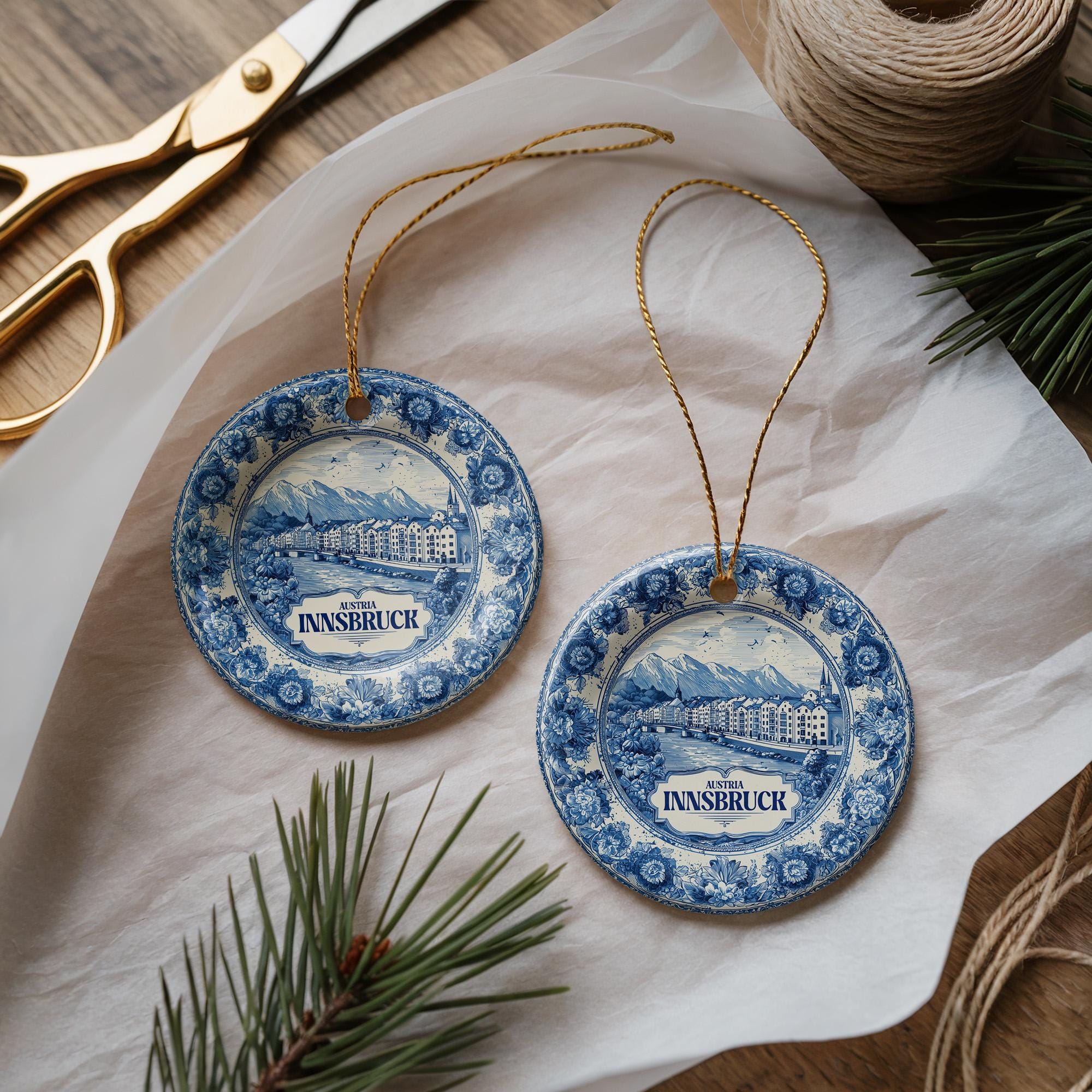Custom Innsbruck Austria Ceramic Delft Ornament, Christmas Delftware Blue Delftware city travel - CuteBeePix