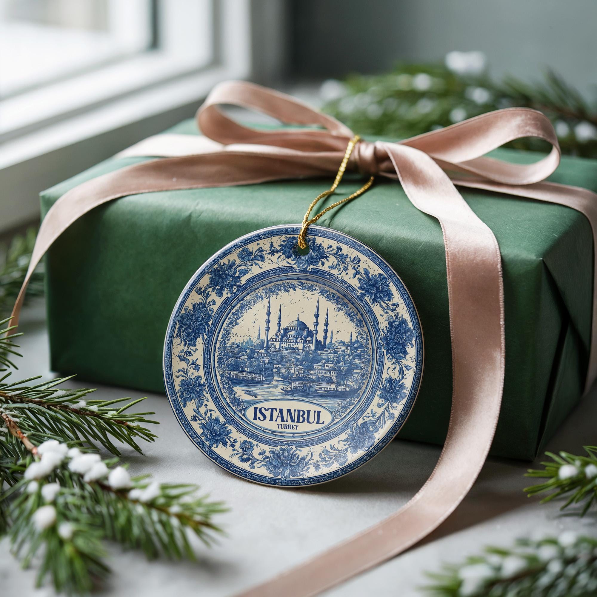 Custom Istanbul Turkey Ceramic Delft Ornament, Christmas Delftware Blue Delftware city travel - CuteBeePix