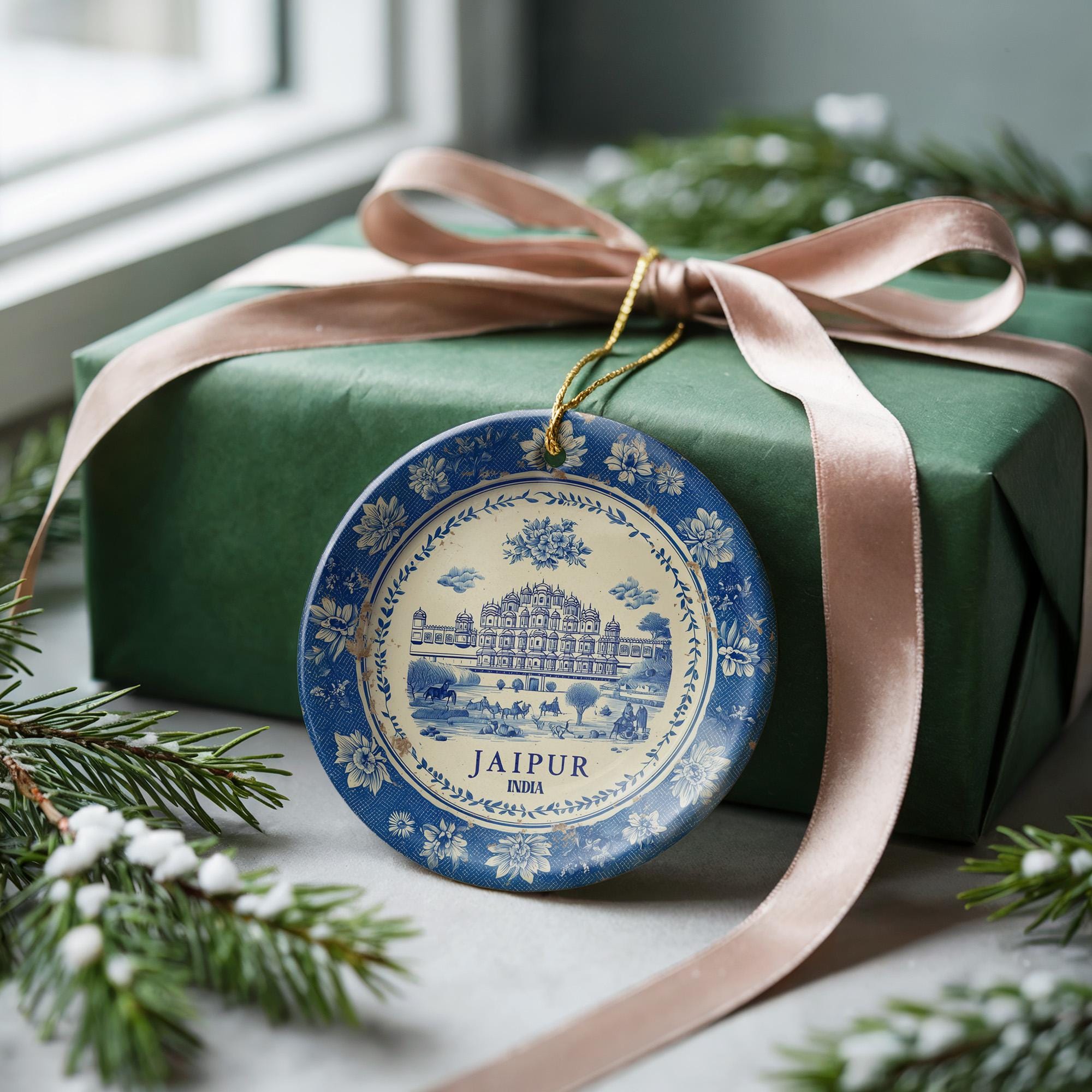 Custom Jaipur India Ceramic Delft Ornament, Christmas Delftware Blue Delftware city travel - CuteBeePix