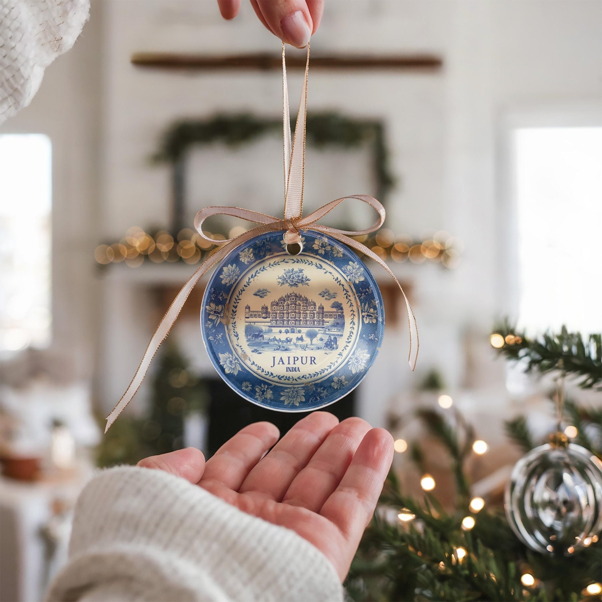 Custom Jaipur India Ceramic Delft Ornament, Christmas Delftware Blue Delftware city travel - CuteBeePix