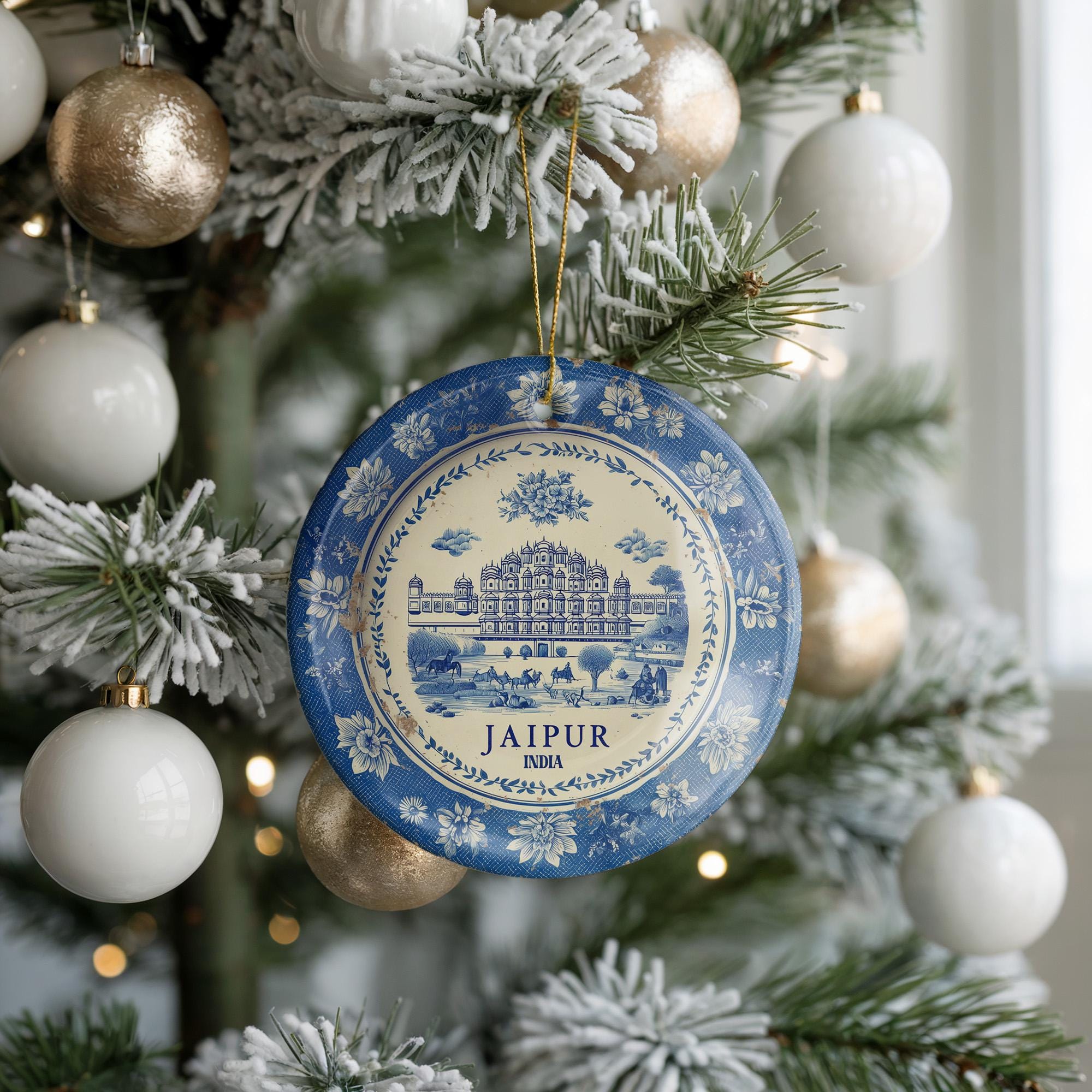 Custom Jaipur India Ceramic Delft Ornament, Christmas Delftware Blue Delftware city travel - CuteBeePix