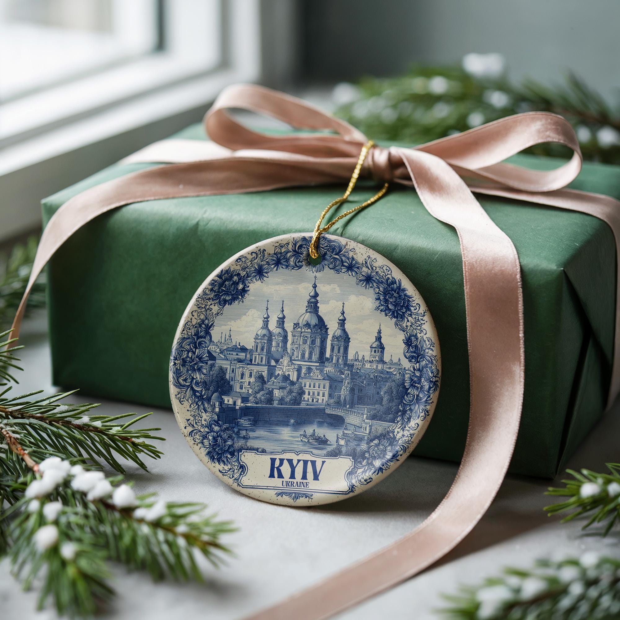 Custom Kyiv Ukraine Ceramic Delft Ornament, Christmas Delftware Blue Delftware city travel - CuteBeePix