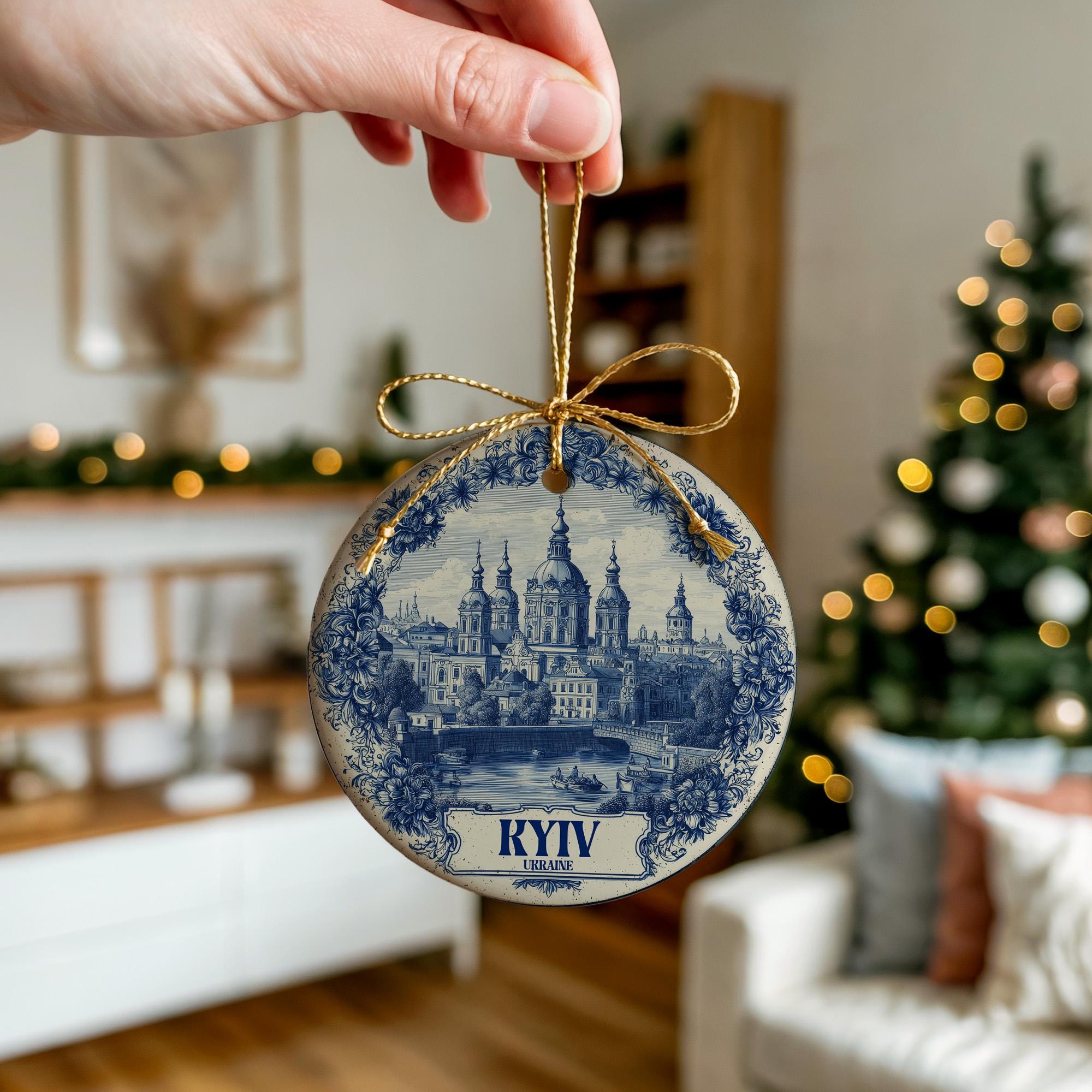 Custom Kyiv Ukraine Ceramic Delft Ornament, Christmas Delftware Blue Delftware city travel - CuteBeePix