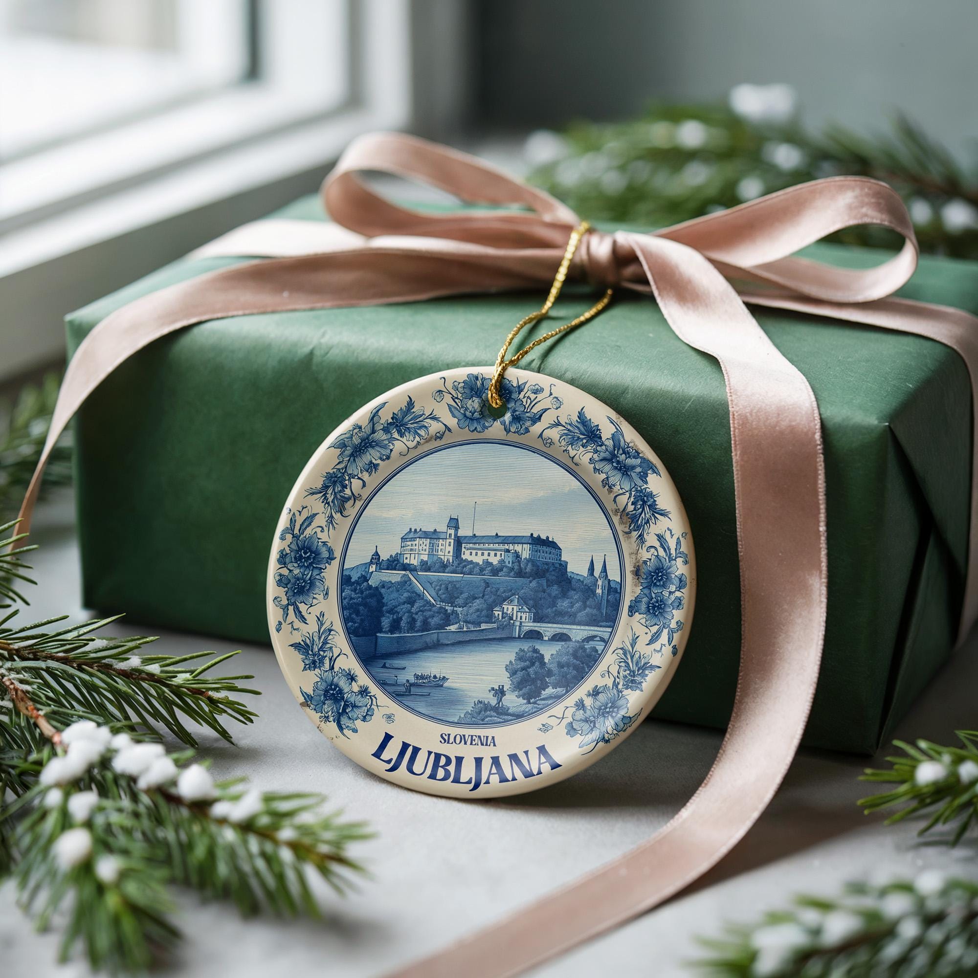 Custom Ljubljana Slovenia Ceramic Delft Ornament, Christmas Delftware Blue Delftware city travel - CuteBeePix
