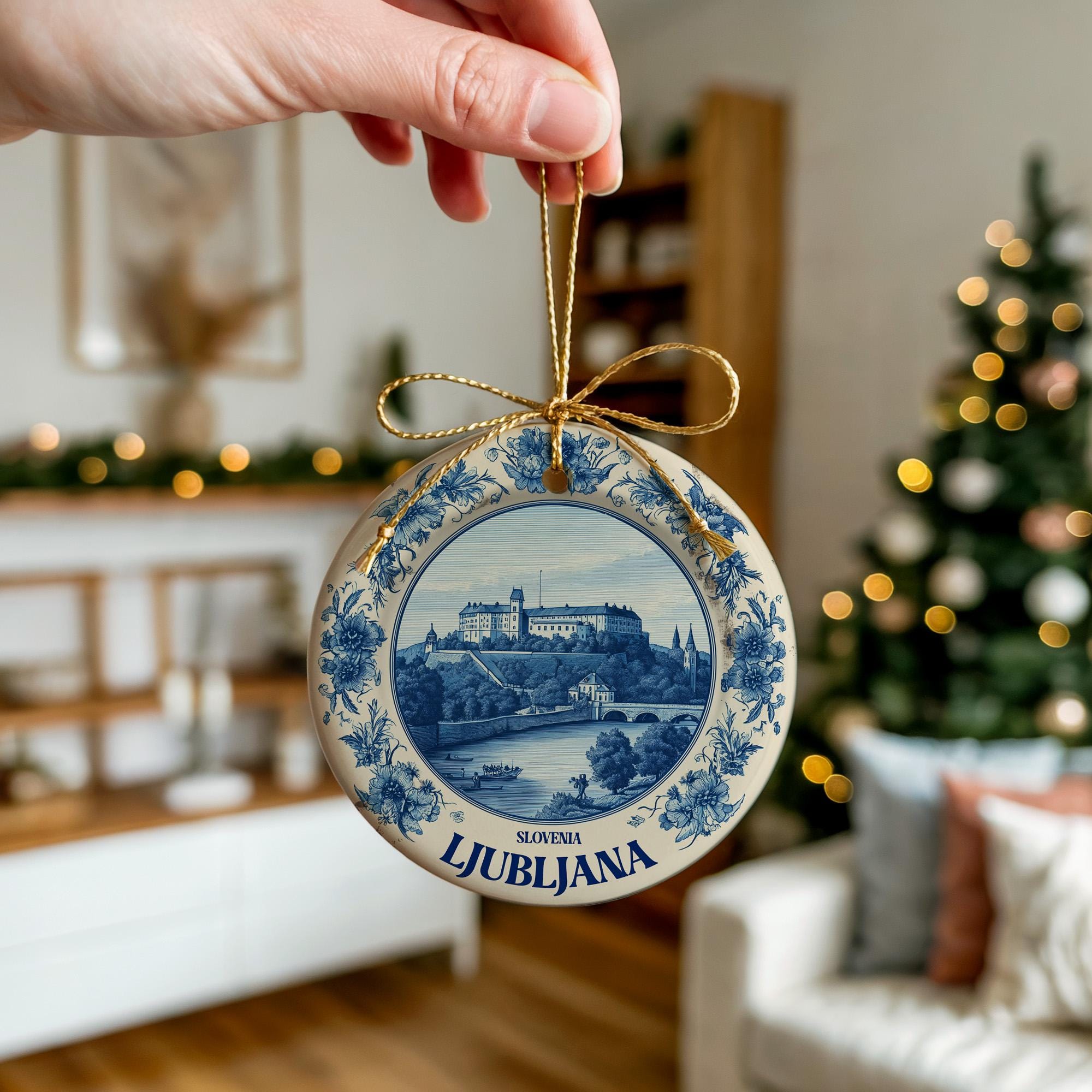 Custom Ljubljana Slovenia Ceramic Delft Ornament, Christmas Delftware Blue Delftware city travel - CuteBeePix