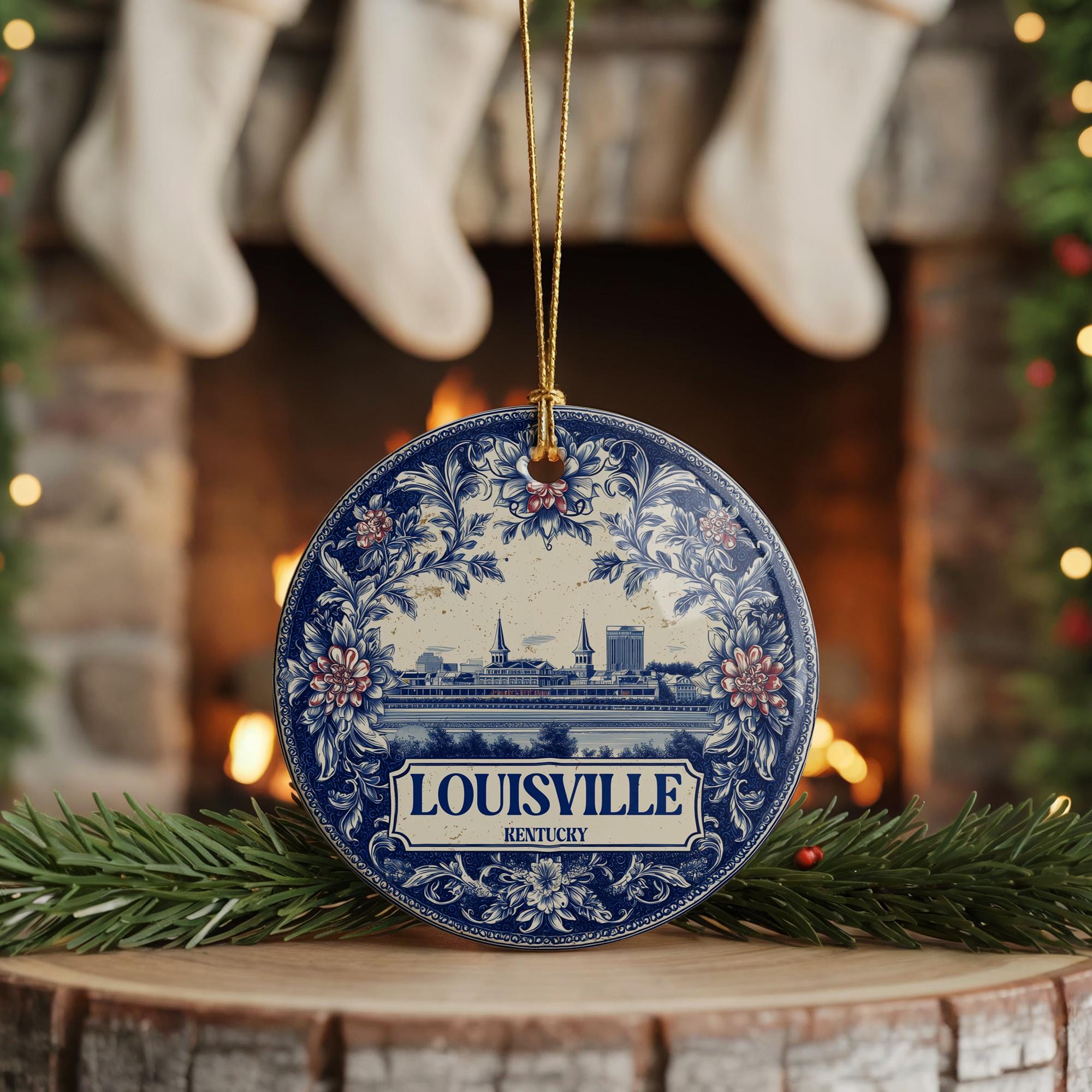 Custom Louisville Kentucky Ceramic Delft Ornament, Christmas Delftware Blue Delftware city travel - CuteBeePix