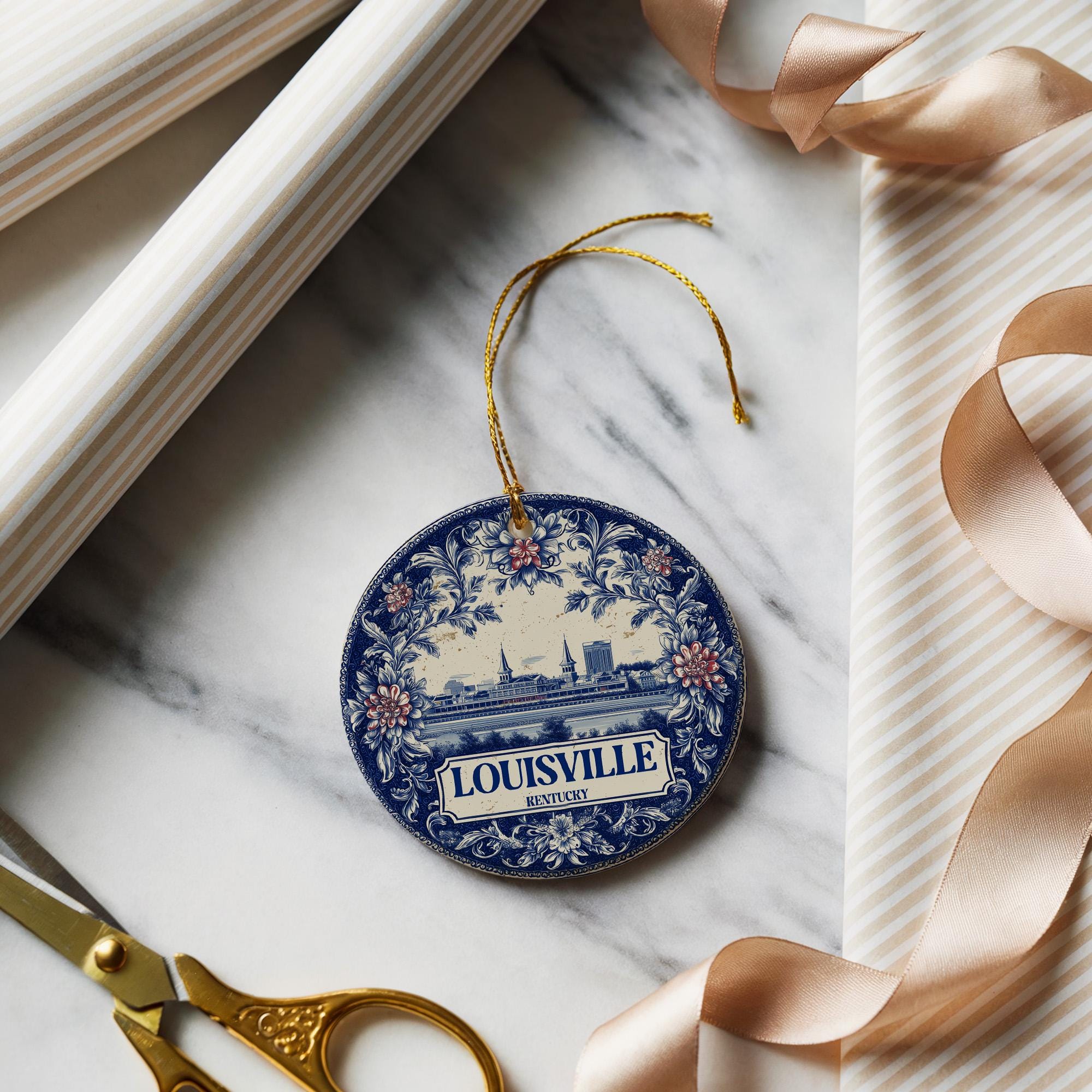Custom Louisville Kentucky Ceramic Delft Ornament, Christmas Delftware Blue Delftware city travel - CuteBeePix