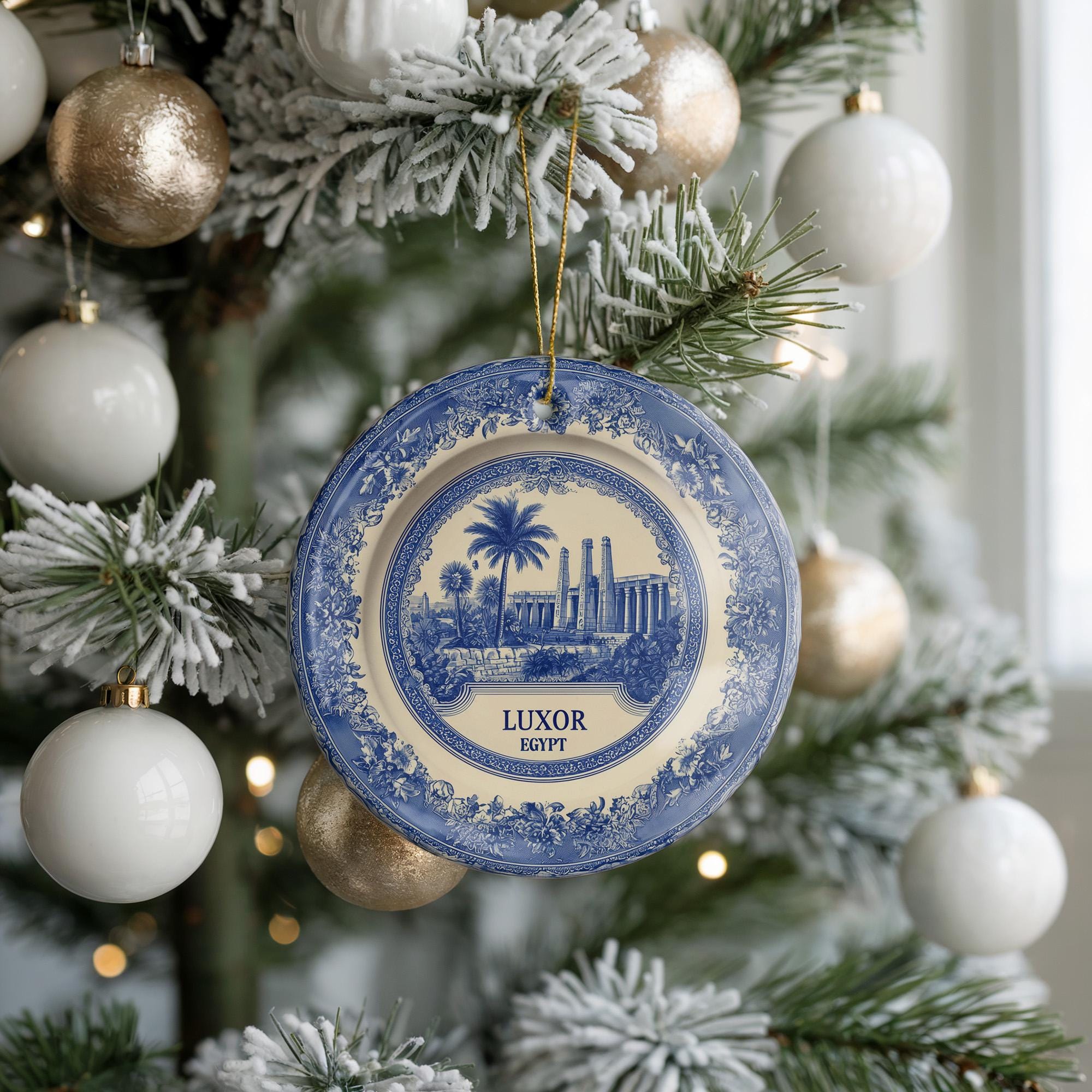 Custom Luxor Egypt Ceramic Delft Ornament, Christmas Delftware Blue Delftware city travel - CuteBeePix