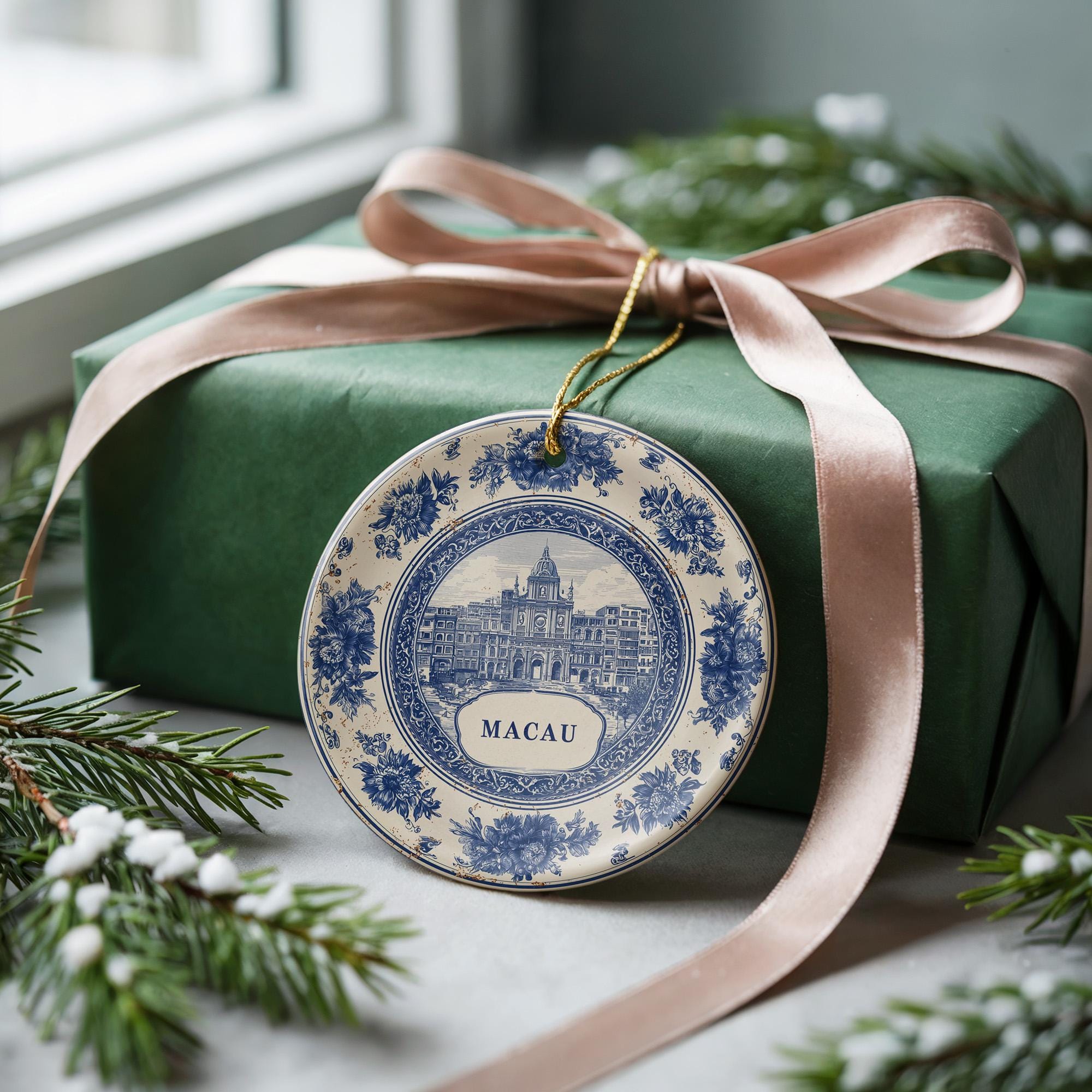 Custom Macau China Ceramic Delft Ornament, Christmas Delftware Blue Delftware city travel - CuteBeePix
