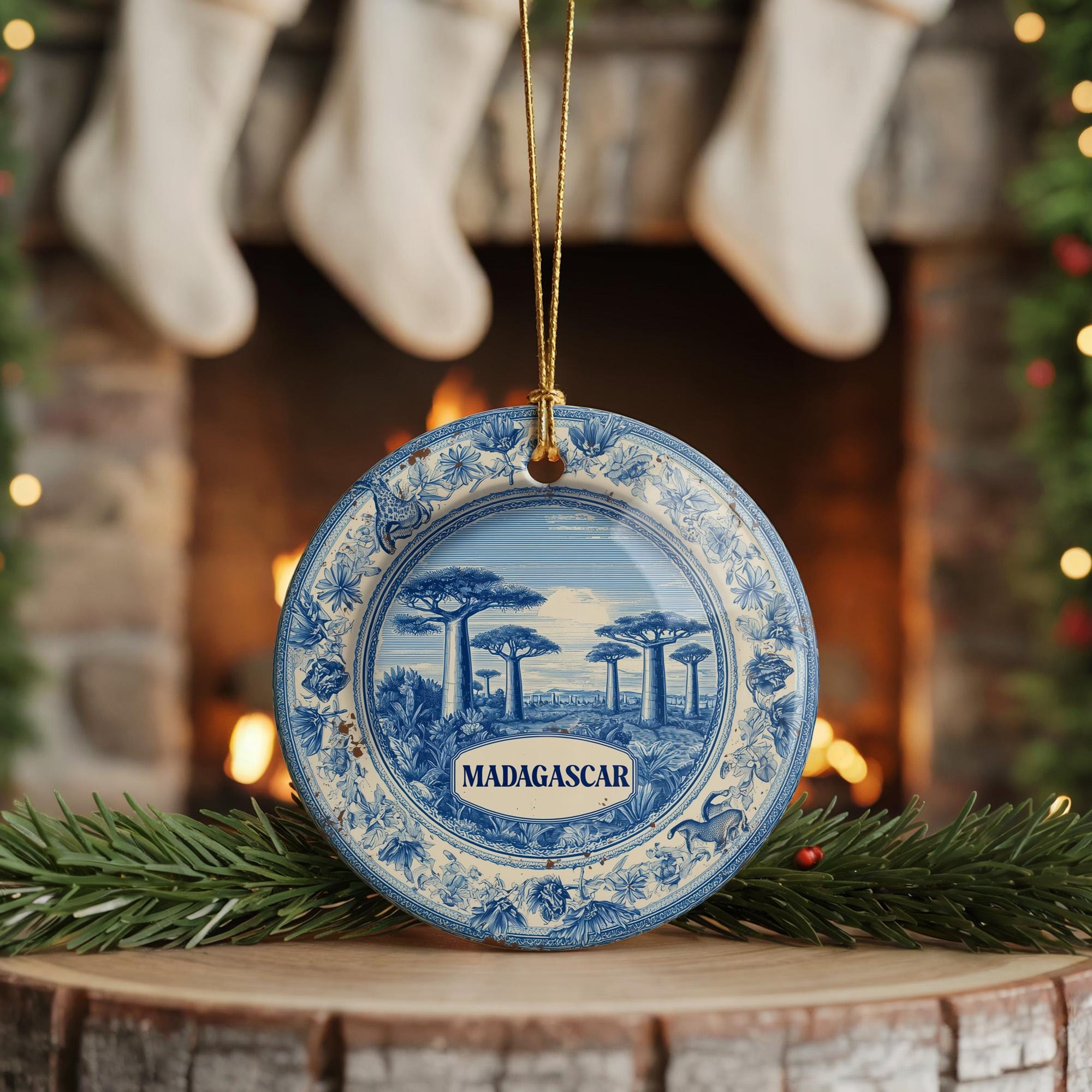 Custom Madagascar Ceramic Delft Ornament, Christmas Delftware Blue Delftware city travel - CuteBeePix