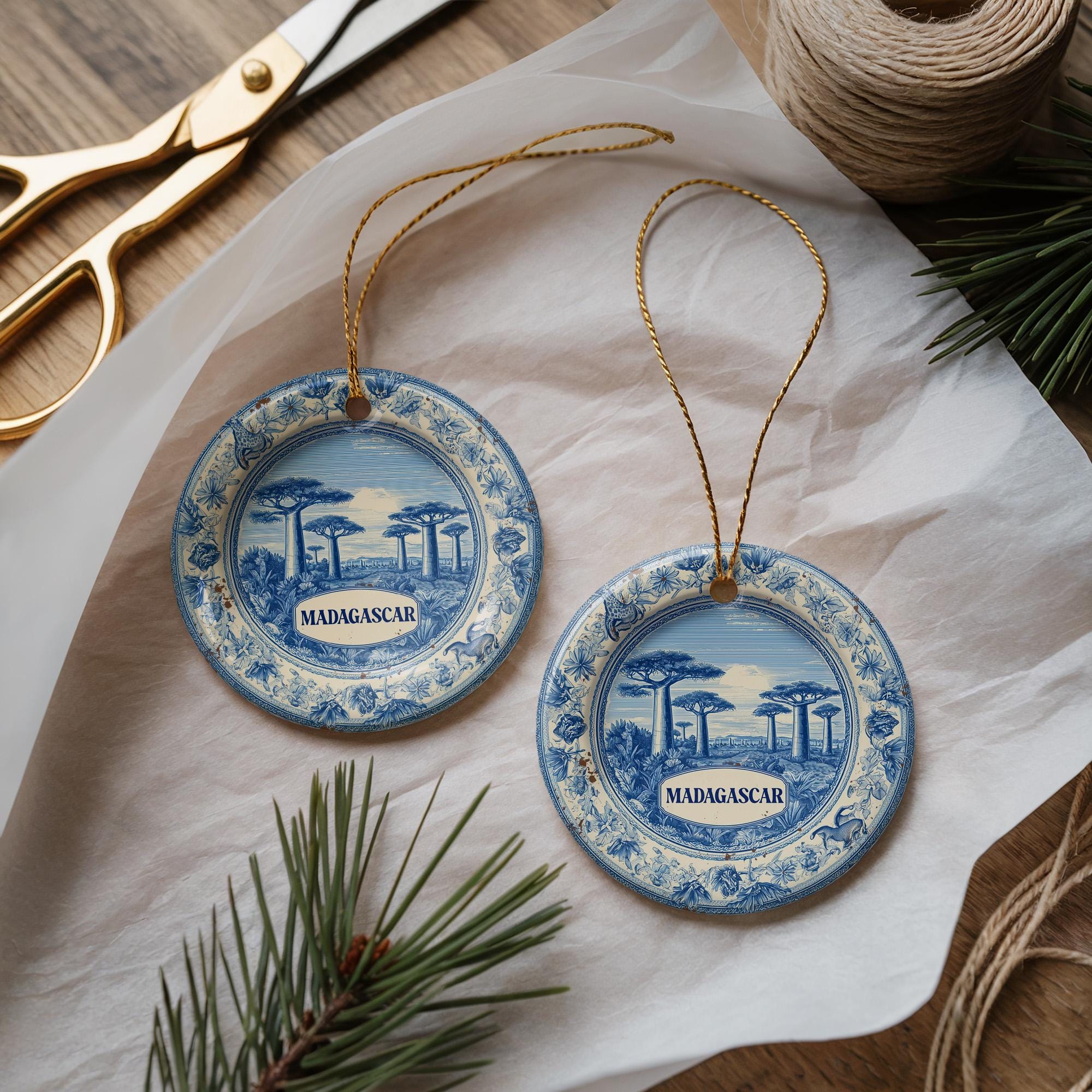 Custom Madagascar Ceramic Delft Ornament, Christmas Delftware Blue Delftware city travel - CuteBeePix