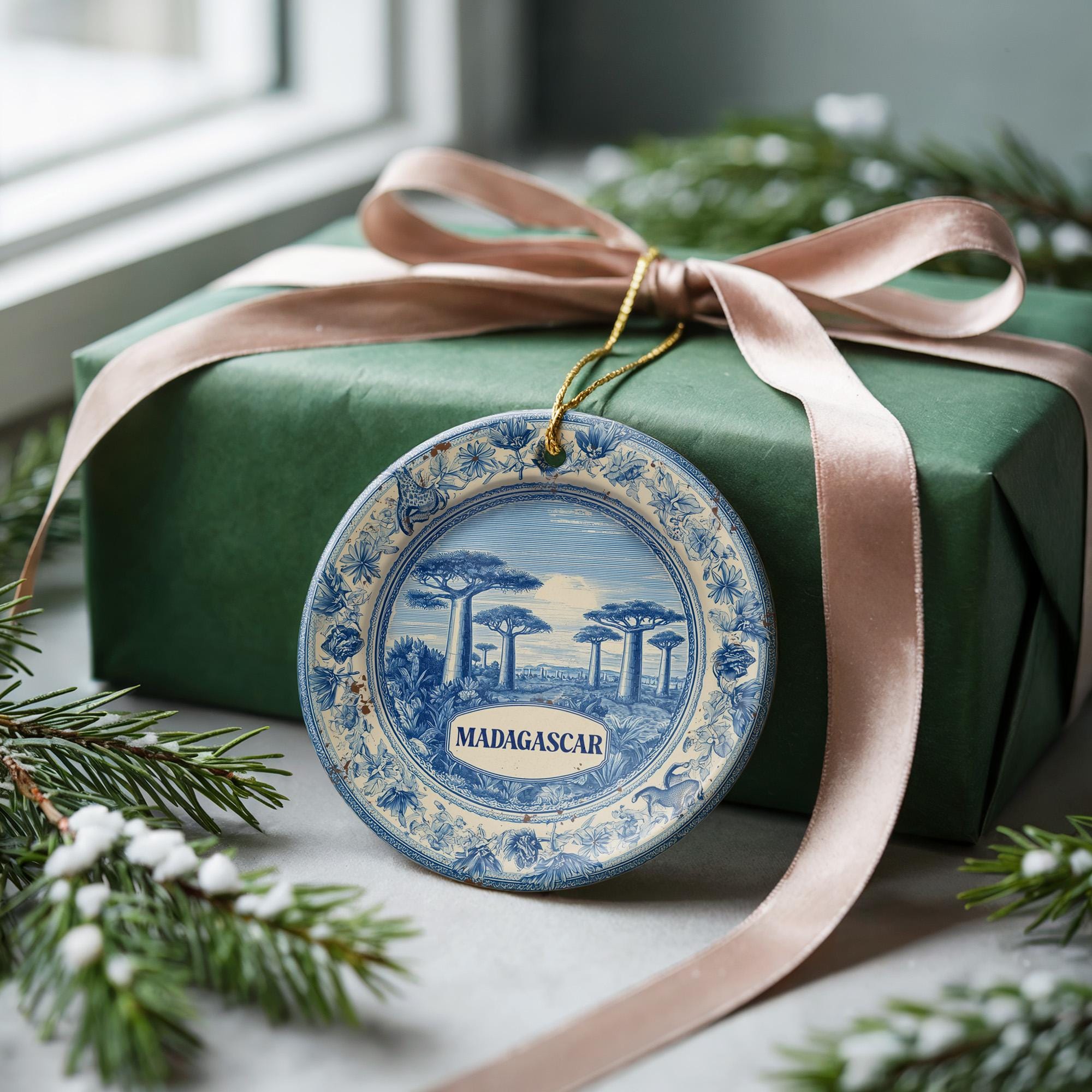 Custom Madagascar Ceramic Delft Ornament, Christmas Delftware Blue Delftware city travel - CuteBeePix