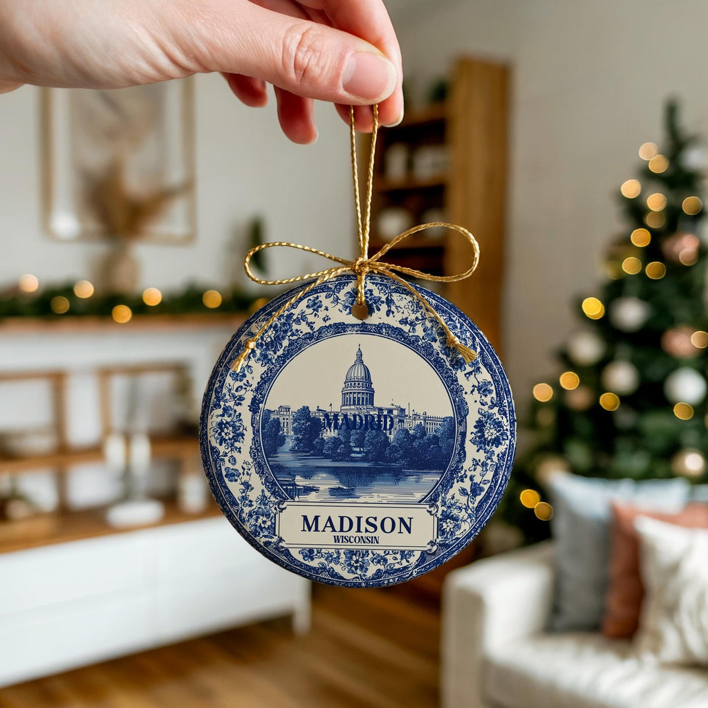 Custom Madison Wisconsin Ceramic Delft Ornament, Christmas Delftware Blue Delftware city travel - CuteBeePix
