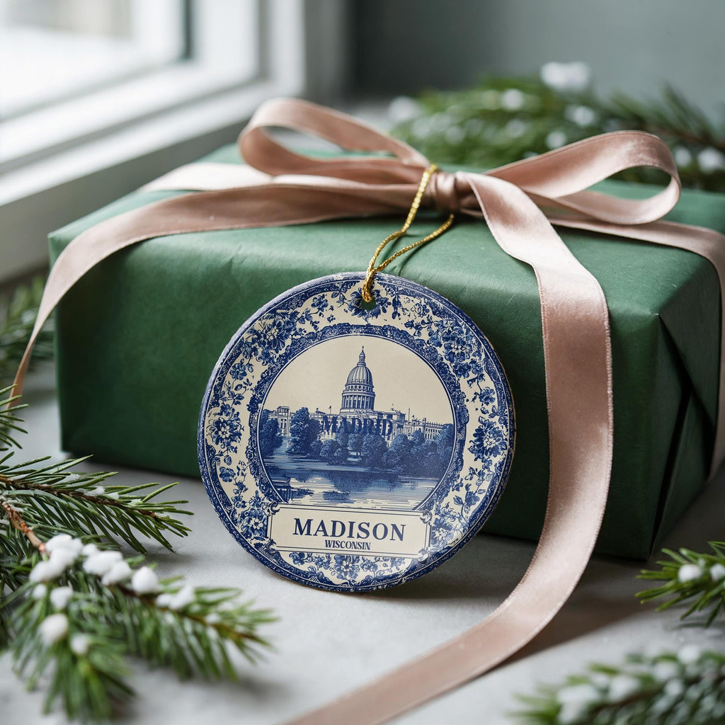 Custom Madison Wisconsin Ceramic Delft Ornament, Christmas Delftware Blue Delftware city travel - CuteBeePix