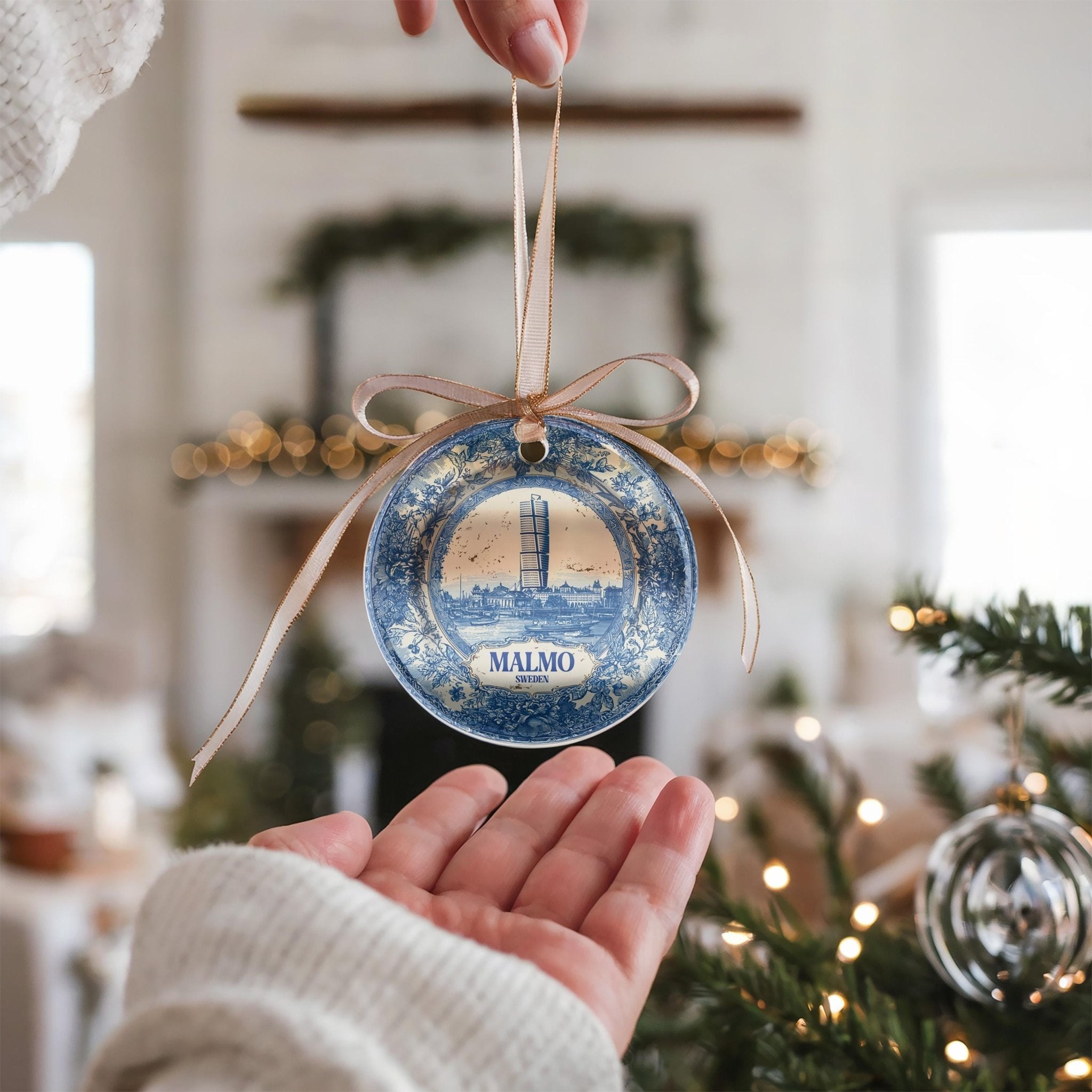 Custom Malmo Sweden Ceramic Delft Ornament, Christmas Delftware Blue Delftware city travel - CuteBeePix
