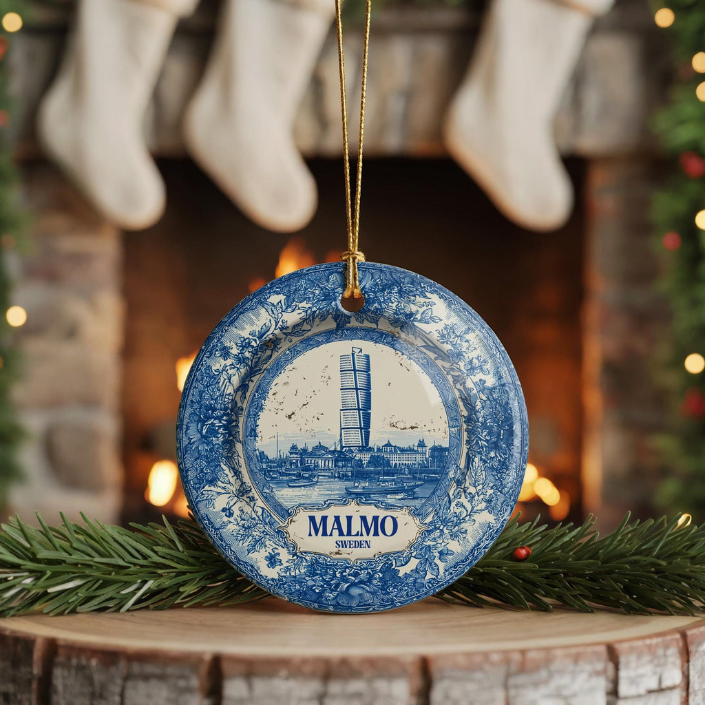 Custom Malmo Sweden Ceramic Delft Ornament, Christmas Delftware Blue Delftware city travel - CuteBeePix