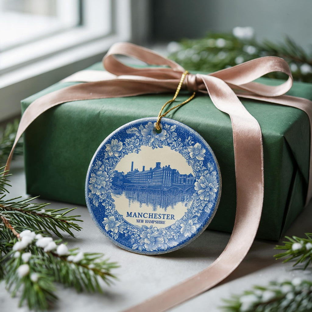 Custom Manchester New Hampshire Ceramic Delft Ornament, Christmas Delftware Blue Delftware city travel - CuteBeePix